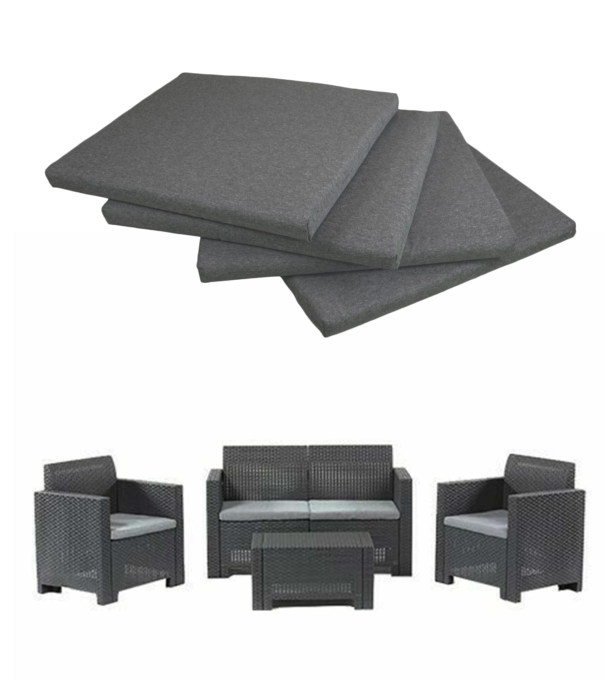 GHIOCUSCINI | Set di 4 Cuscini da Esterno per Salottino in Rattan, COLORE GRIGIO, Tessuto Cotone/Poliestere, Sfoderabile, 58 x 51 cm, Alto 5 cm, Made in Italy