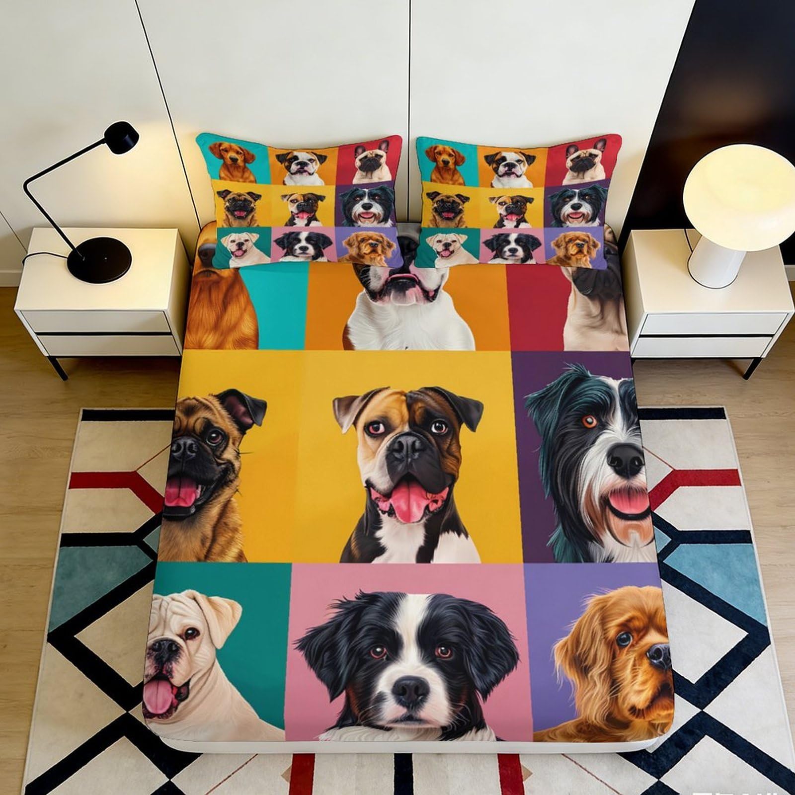 3D Printed Colorful Dog Portrait Fitted Sheet Microfiber Anti-Slip Bed Cover for Bedroom Guest Room Decor 140x200x25cm