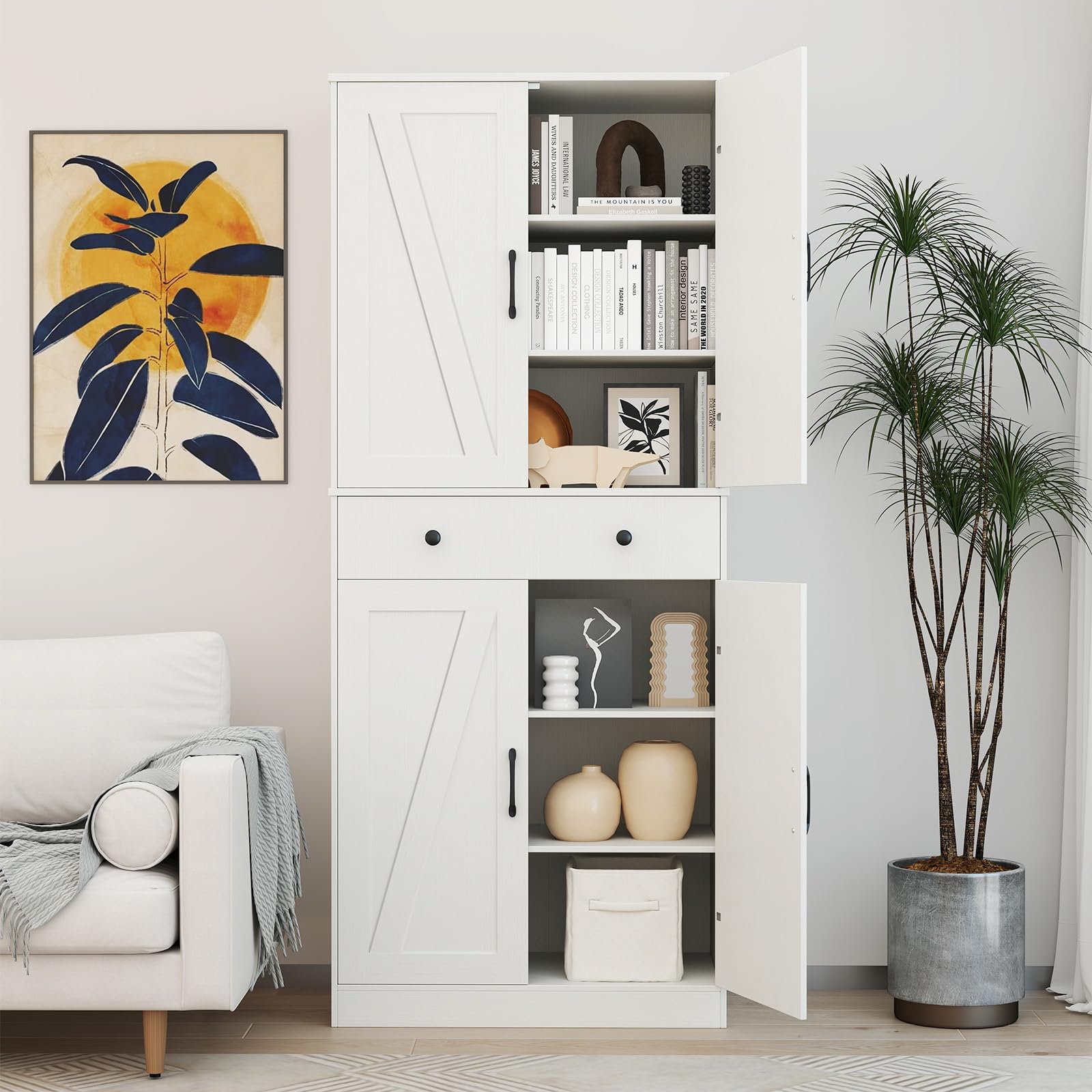 COSTWAY Armoire de Rangement 183 cm, Armoire Chambre 4 Portes avec Grand Tiroir, 3 Étagères Ajustables, Style Porte Grange Moderne, 2 Kits Anti-Basculement, pour Salon, Salle de Bain (Blanc)