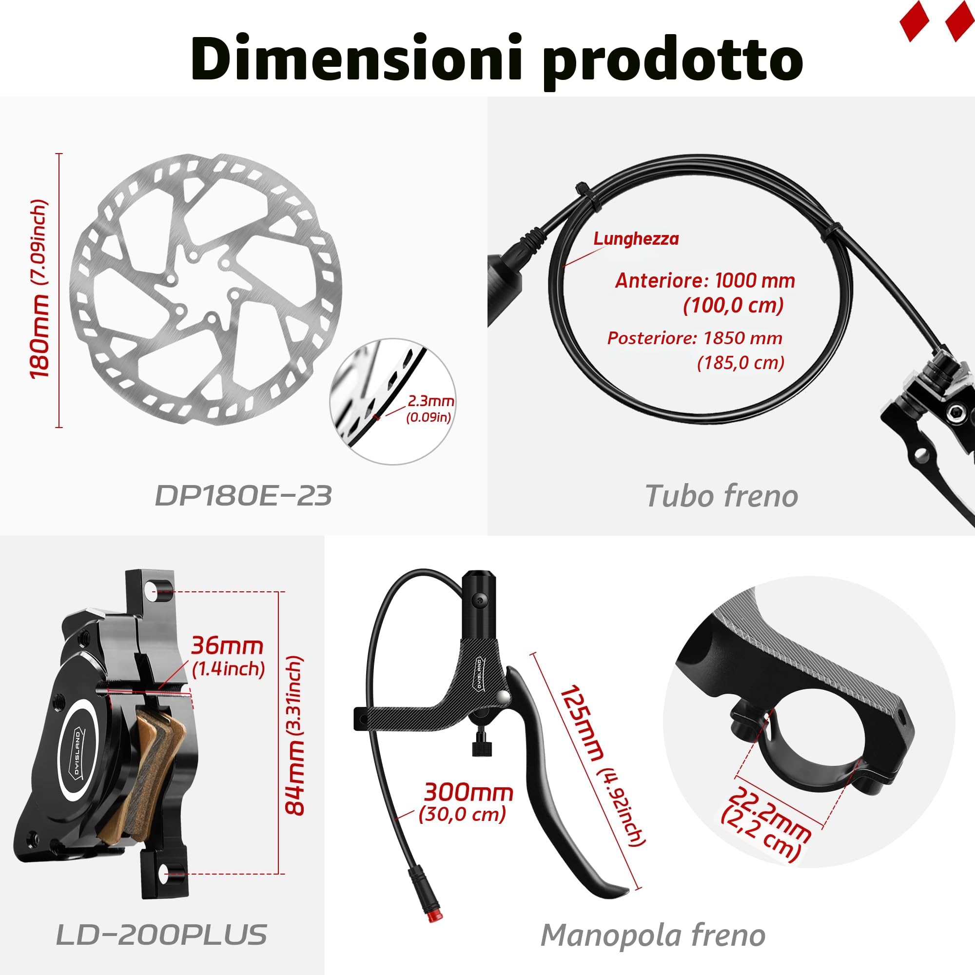 Set di Freni a Disco Idraulici per E-Bike a 4-pistoni/2-pistoni, 2-pin/3-pin Pre-Riempito con Olio Minerale Set, con 2 Pezzi di 180mm rotori
