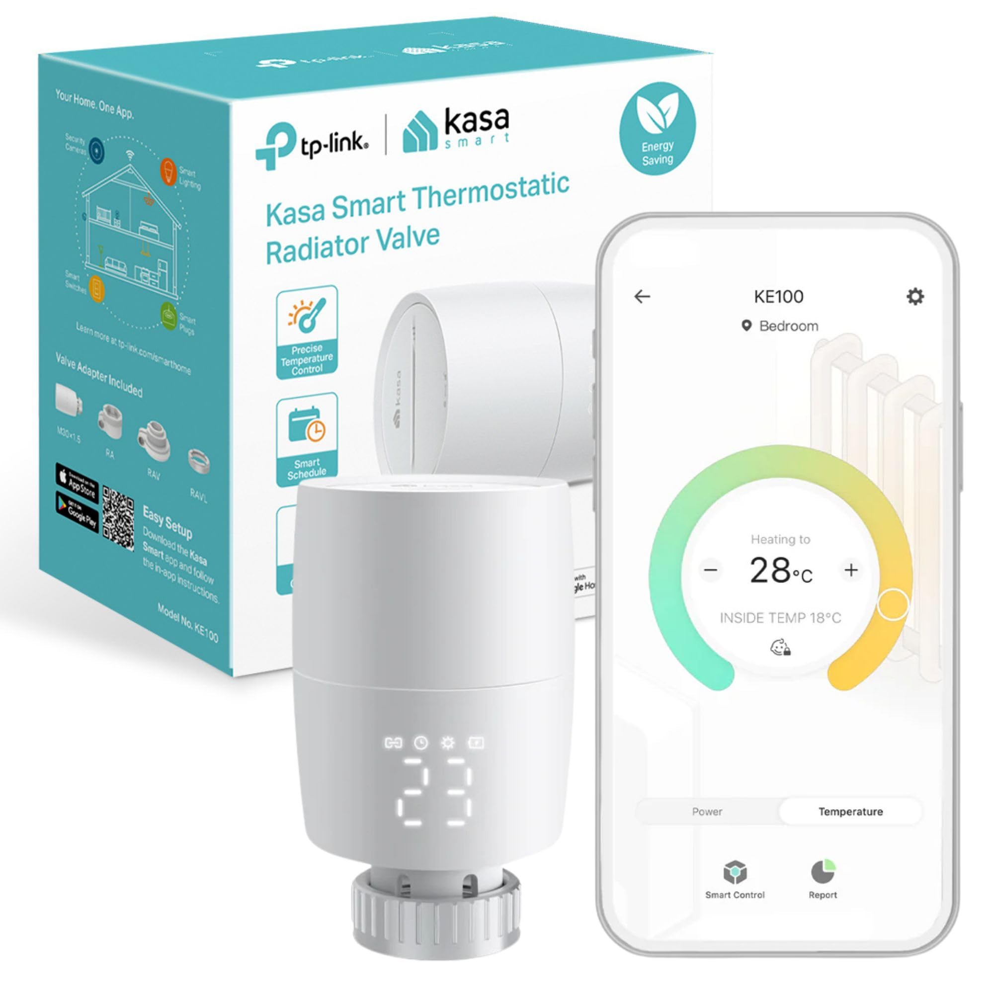TP-Link TP-Link Kasa Smart Thermostat Radiator Valve, Smart Radiator Valve, Energy Saving, LED display Radiator Thermostat Valve, Smart TRV Schedule, Works with Alexa & Google Home, Easy installation(KE100)