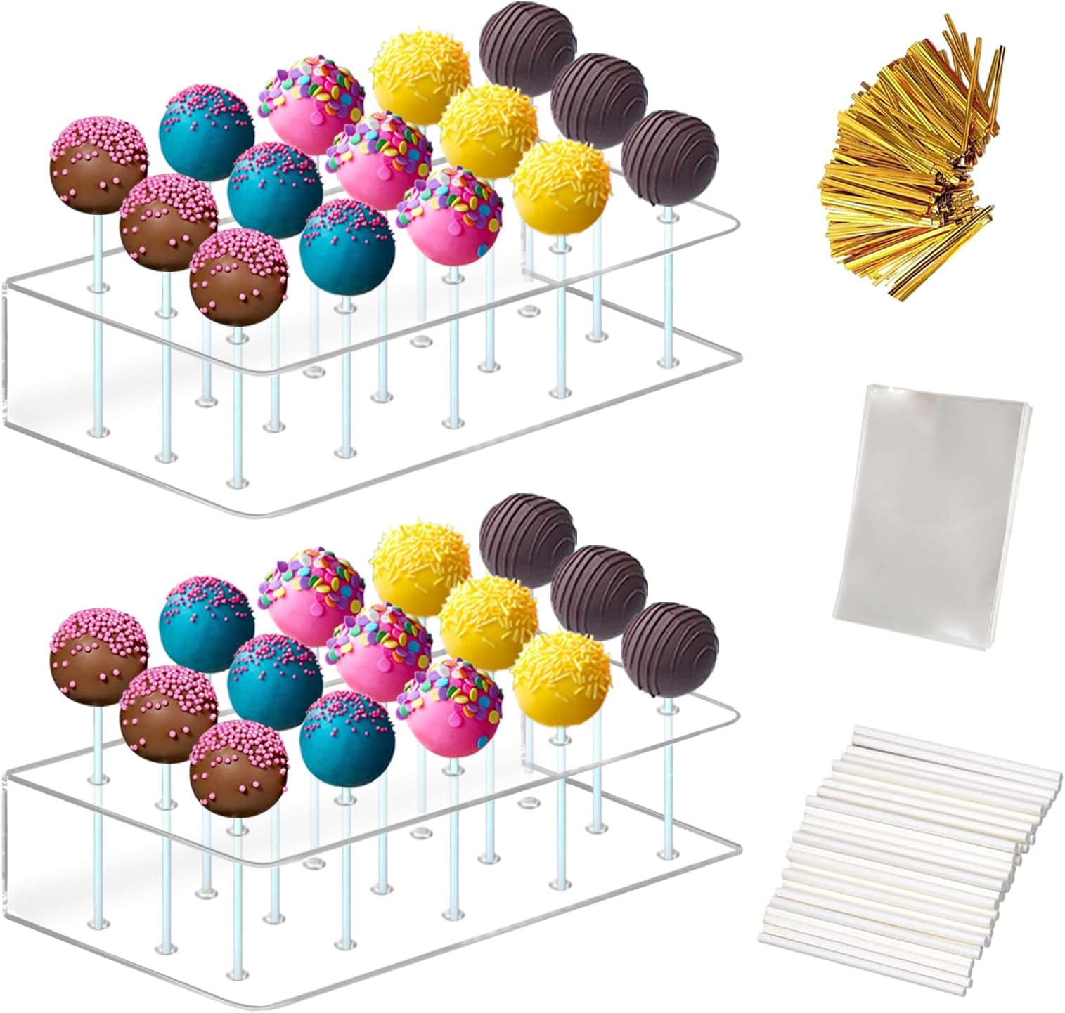Acrylic Lollipop Holder,2PC Cake Pop Stand Display Cake Pop Holder 100PCS Lollipop Sticks 100PCS Clear Treats Bags and 100PCS Gold Metallic Twist Ties for Candy Cake Pop Making Tools