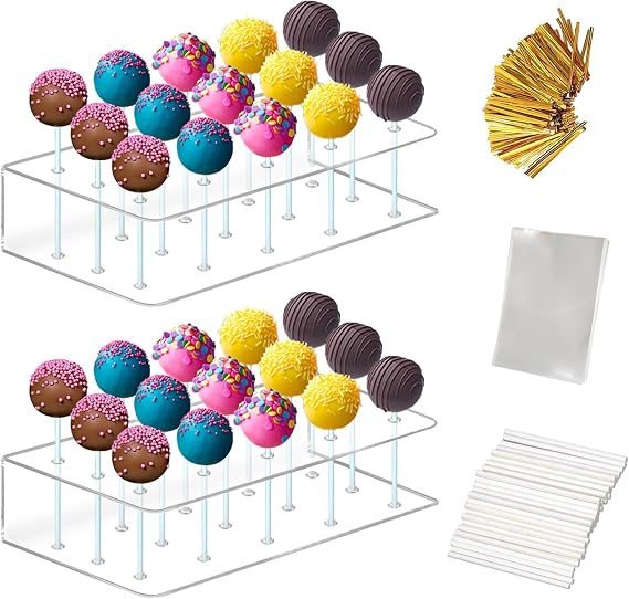 Acrylic Lollipop Holder,2PC Cake Pop Stand Display Cake Pop Holder 100PCS Lollipop Sticks 100PCS Clear Treats Bags and 100PCS Gold Metallic Twist Ties for Candy Cake Pop Making Tools
