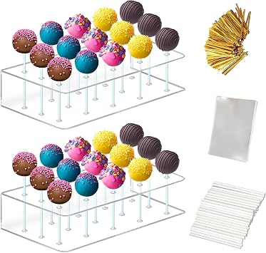 Acrylic Lollipop Holder,2PC Cake Pop Stand Display Cake Pop Holder 100PCS Lollipop Sticks 100PCS Clear Treats Bags and 100PCS Gold Metallic Twist Ties for Candy Cake Pop Making Tools