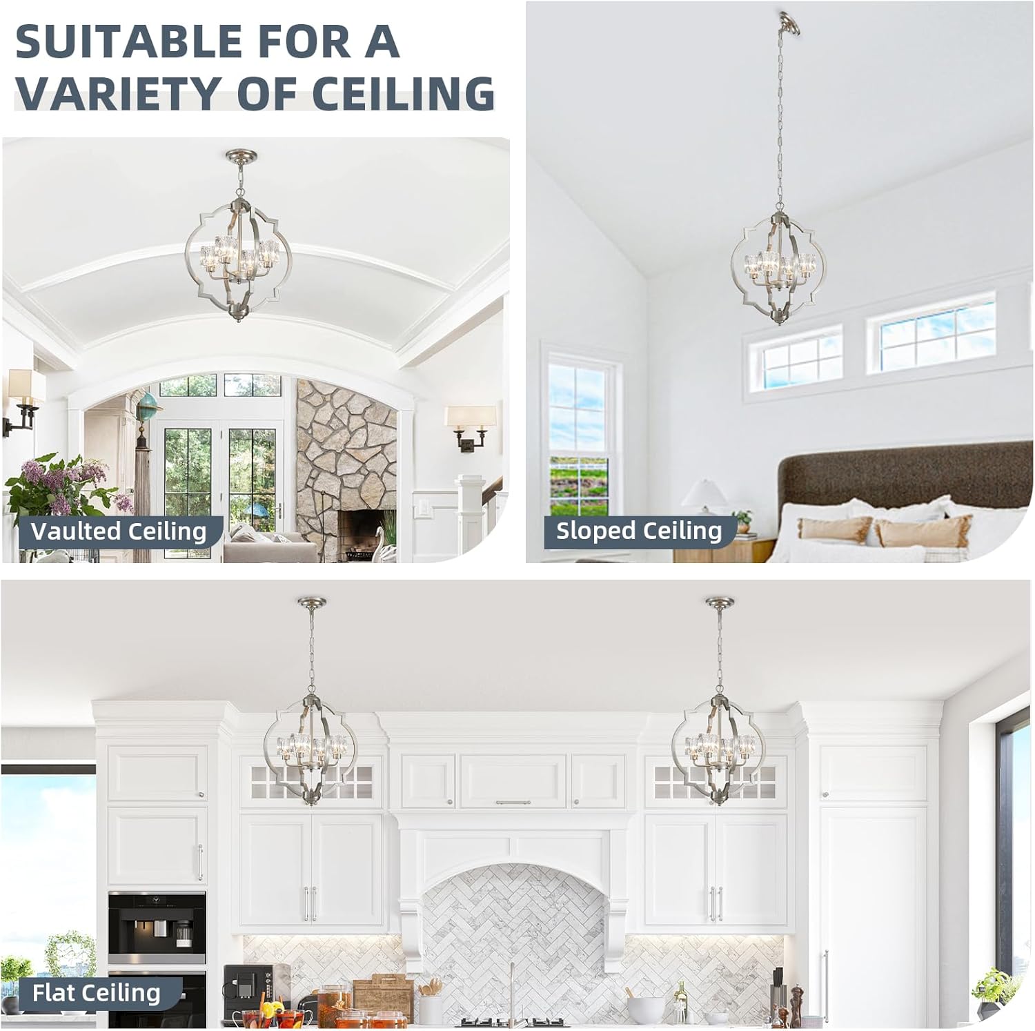 XINGQI 17.7“ Brushed Nickel Chandelier Modern 4-Light Farmhouse Pendant Lighting Fixtures Height Adjustable Hanging Lamp for Dining Room Bedroom Kitchen Island Home Office