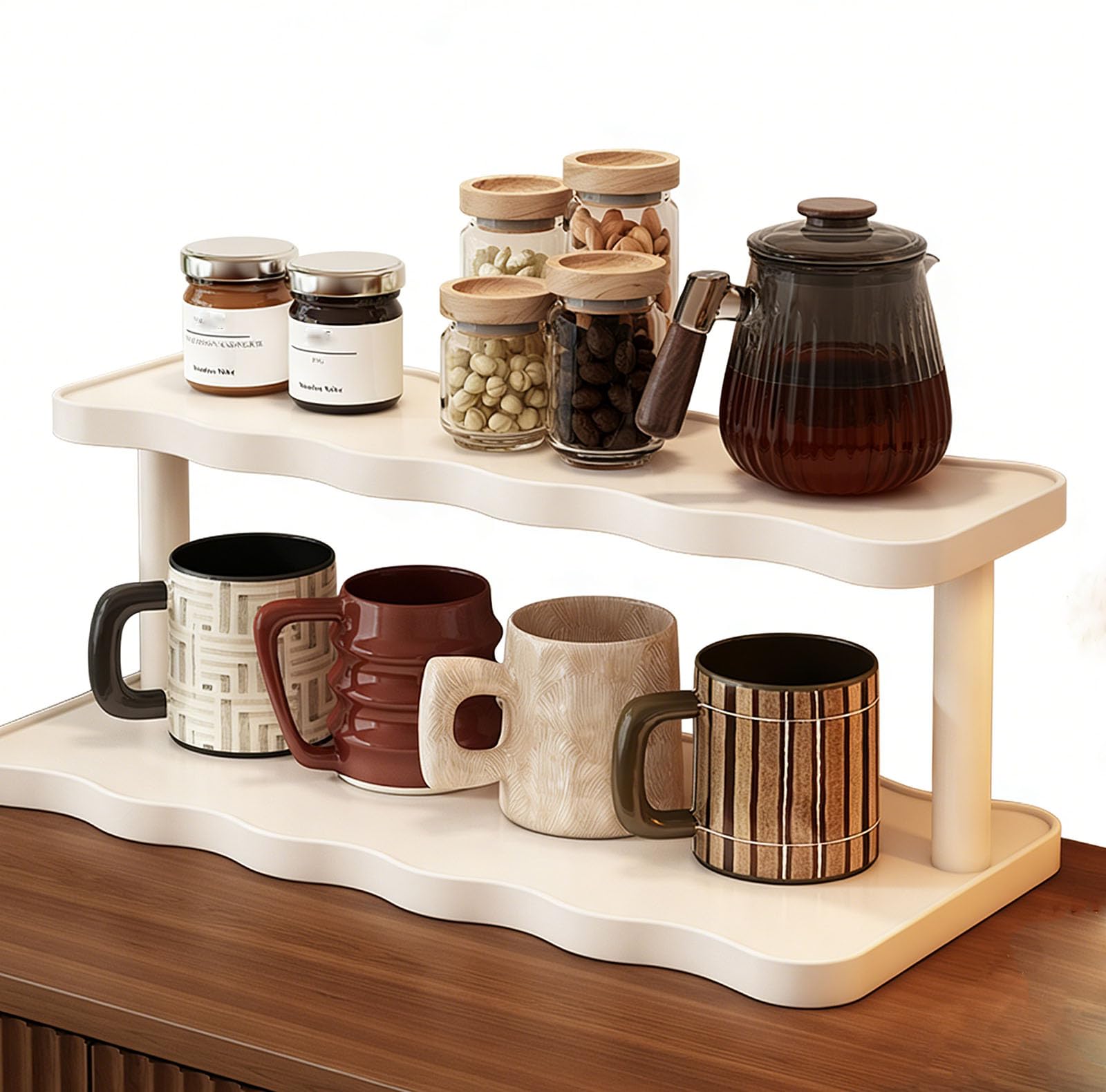 JORCEDI Bamboo multi-Tier Storage Shelf - Space-Saving Wooden Organizer with Large Tabletop, Heavy-Duty Load Capacity for Kitchen, Bathroom & Living Room (Warm White,2 Tier)