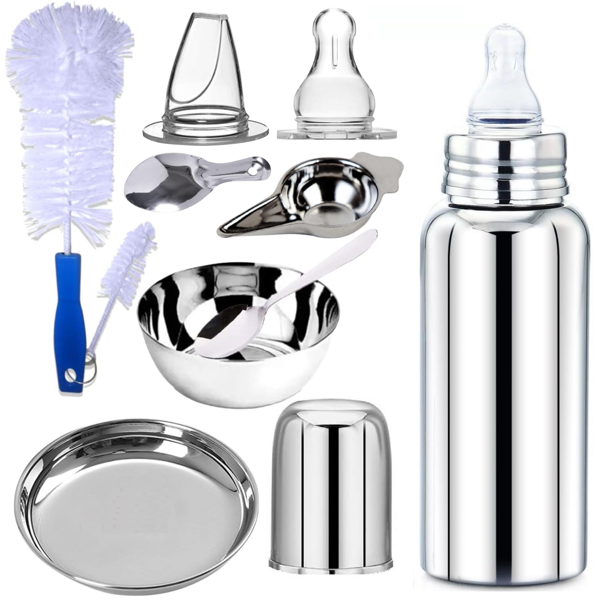 PGD New Born Baby Essential Steel Feeding Utensils Gift Set- Feeding Bottle, Feeder, Bowl, Plate, Idly Spoon, Spoon, Cleaning Brush Set, Sipper and Nipple (300ml Essential Utensils Gift Set)-image-0