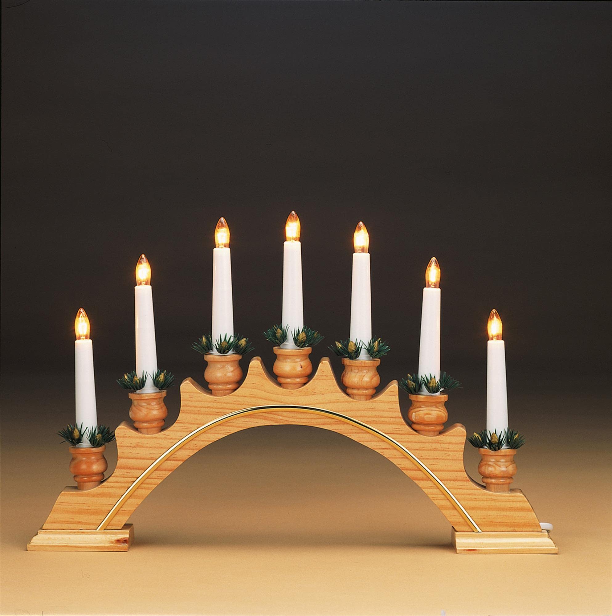 hellum Schwibbogen Weihnachten, 43x27cm, Lichterbogen Weihnachten mit Strom und Schalter, Schwibbogen mit 7 Filament Kerzen (+2 Ersatz), Fensterbeleuchtung für Innen, 873306