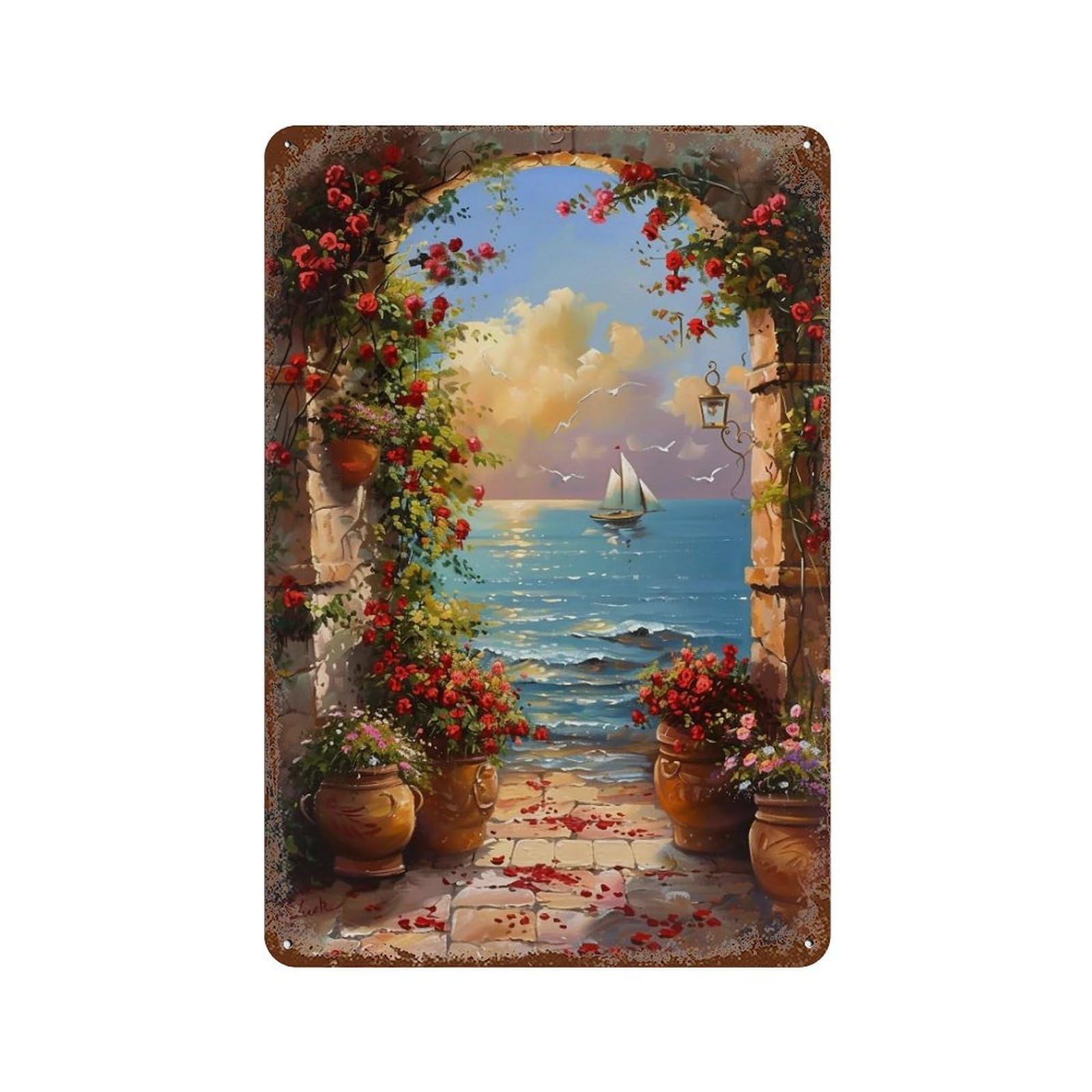 Hduryeyryy Multicolour Mediterranean Rose Path 04 Wall Retro Iron Vintage Art Metal Tin Sign Poster Modern Home Cofffee Club Art Bar Shop Decor 30X20cm