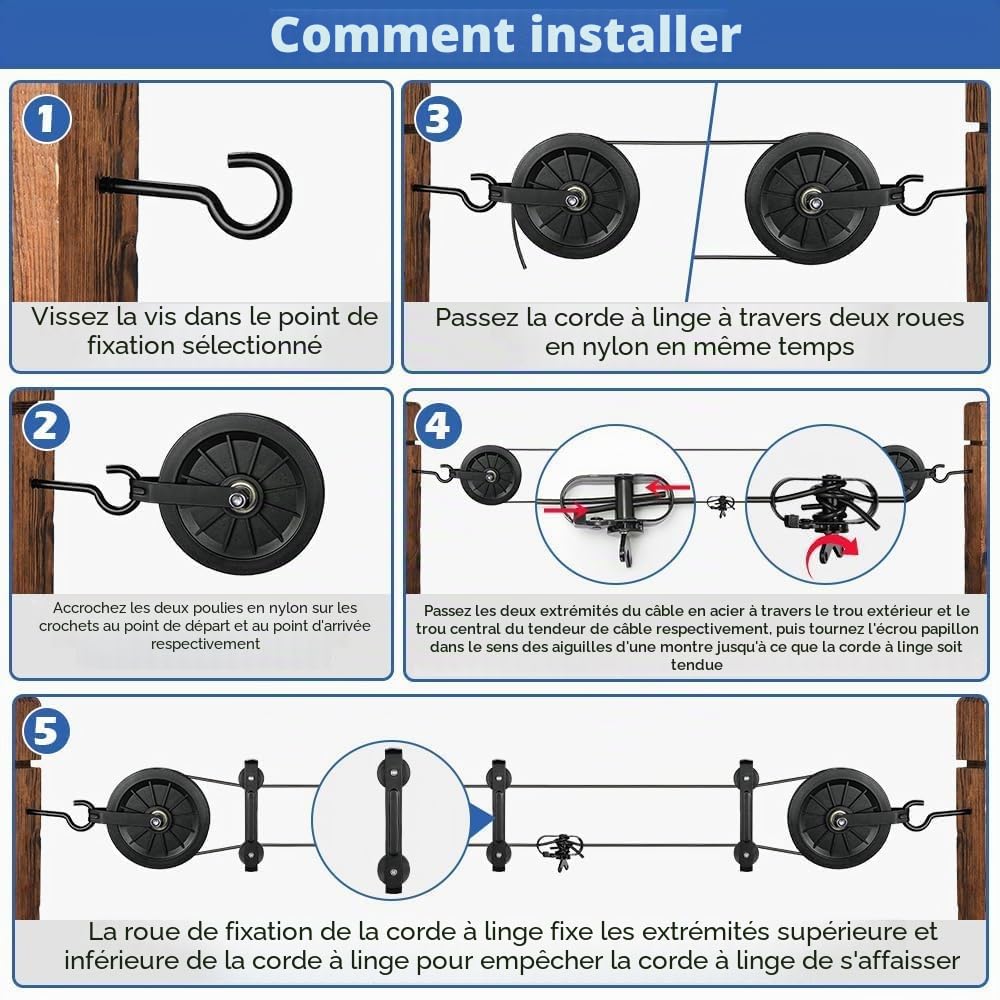 Corde à Linge de 45 m, Câble métallique gainé en PVC Noir, avec poulie de renvoi en Nylon, Séparateur, Crochet à vis M8 - Corde à Linge - Résistant aux intempéries - pour extérieur