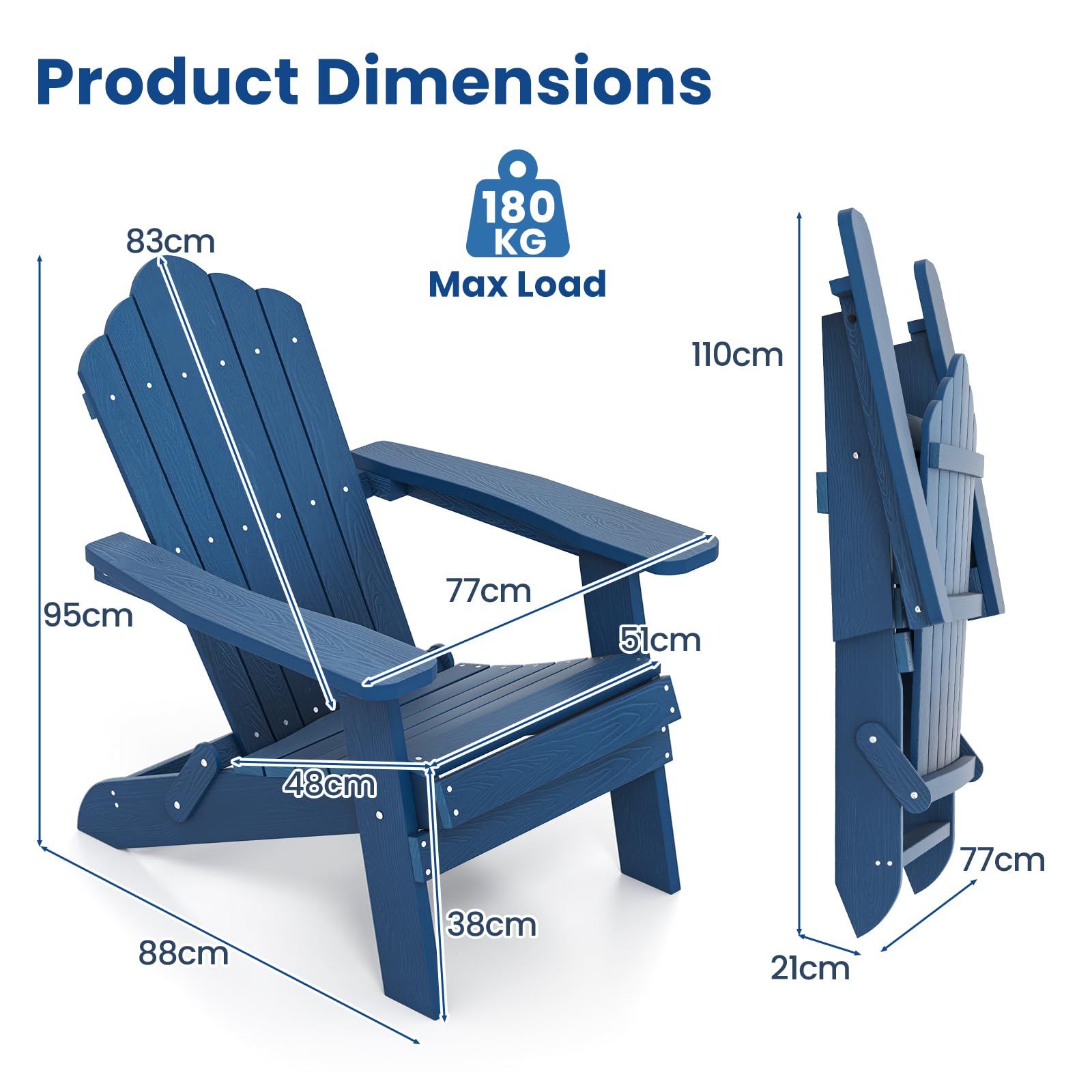 KOMFOTTEU Silla Adirondack Plegable, Silla de Jardín de Hips con Respaldo Inclinado y Reposabrazos Anchos, Sillón Ergonómica con Carga de 180 kg, Asiento de Exterior para Balcón, Terraza (Azul)