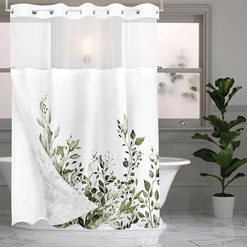 Miniatura 90 de Tititex - Juego de cortinas de ducha de hojas de eucalipto verde con cierres de presión, sin ganchos, forro interior verde, hojas de acuarela en la