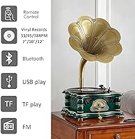 Vista 2 de Tocadiscos vintage de madera para gramófono, tocadiscos de fonógrafo retro, tocadiscos de 3 velocidades para disco de vinilo con audio Bluetooth