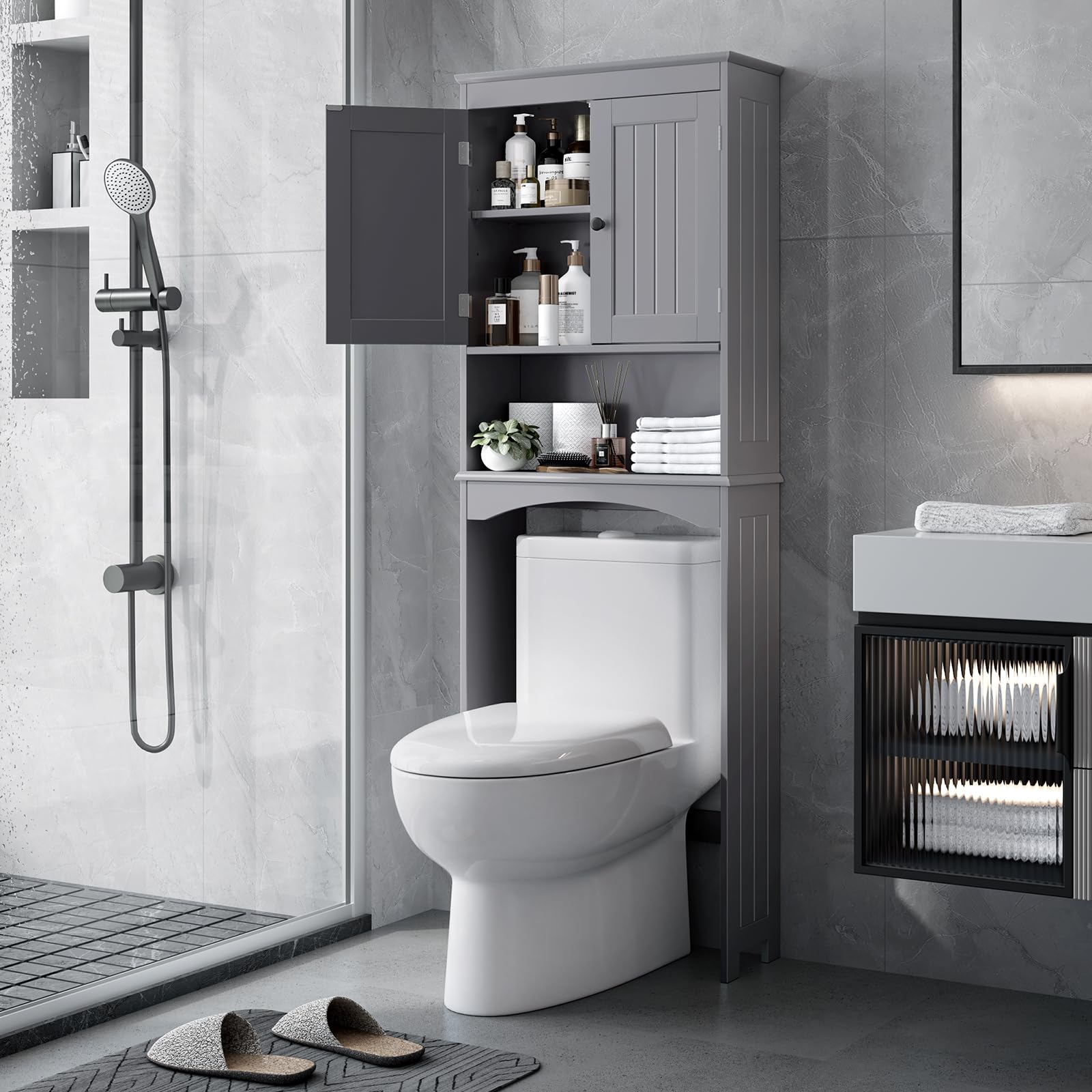 Bealife Toilettenregal, Regal über Toilette mit 3-stufigen verstellbaren Regalen, WC Überbauschrank Freistehend, Überbau Toilettenschrank mit Doppeltüren für Badezimmer (Grau)