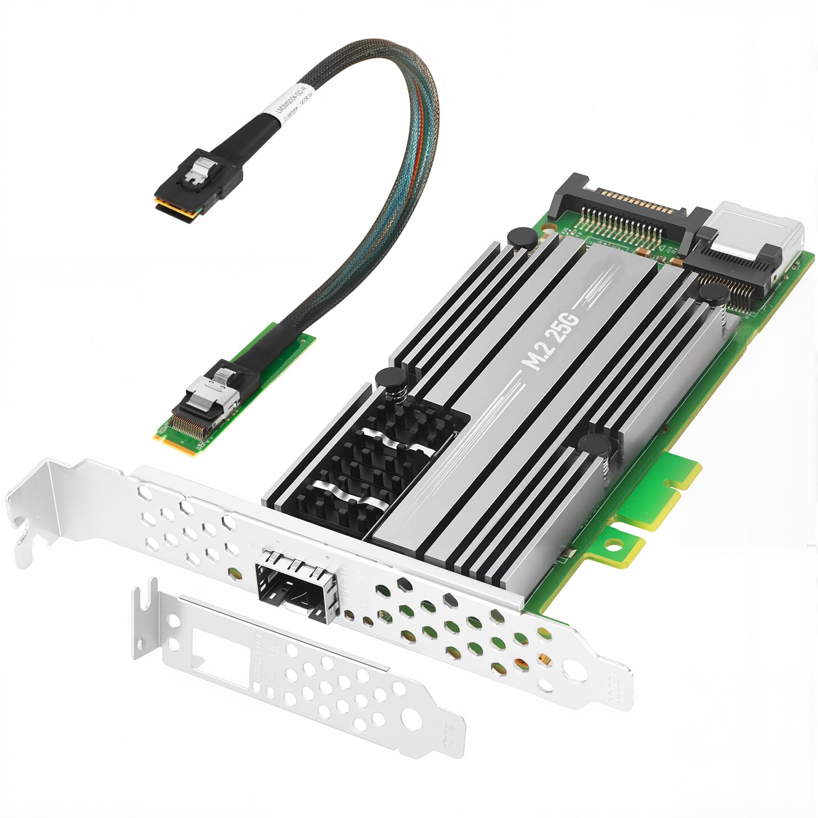 M.2 to 25Gb NIC, for Mellanox ConnectX4 Chip, 1*SFP28 Port, M.2+M Key+SFF 8087, with 0.35m(1.1ft) Connection Cable, 25/10 / 1 Gbps, Support Windows Server/Windows/Ubuntu/Linux