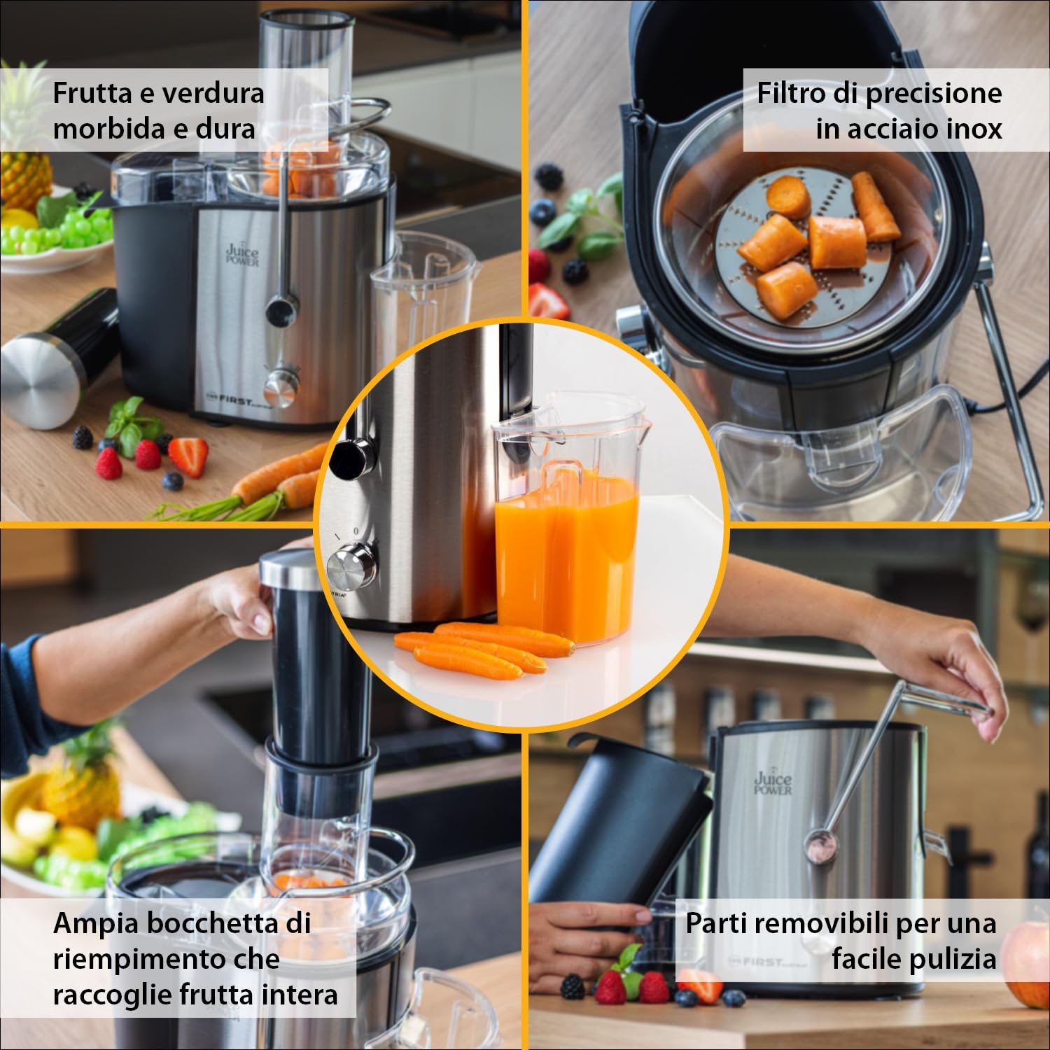 TZS First Austria Estrattore di succo | 800 W | 750 ml | Bocca di riempimento XXL | 2 velocità | Facile da pulire | Filtro di estrazione in acciaio inossidabile | Piedini antiscivolo