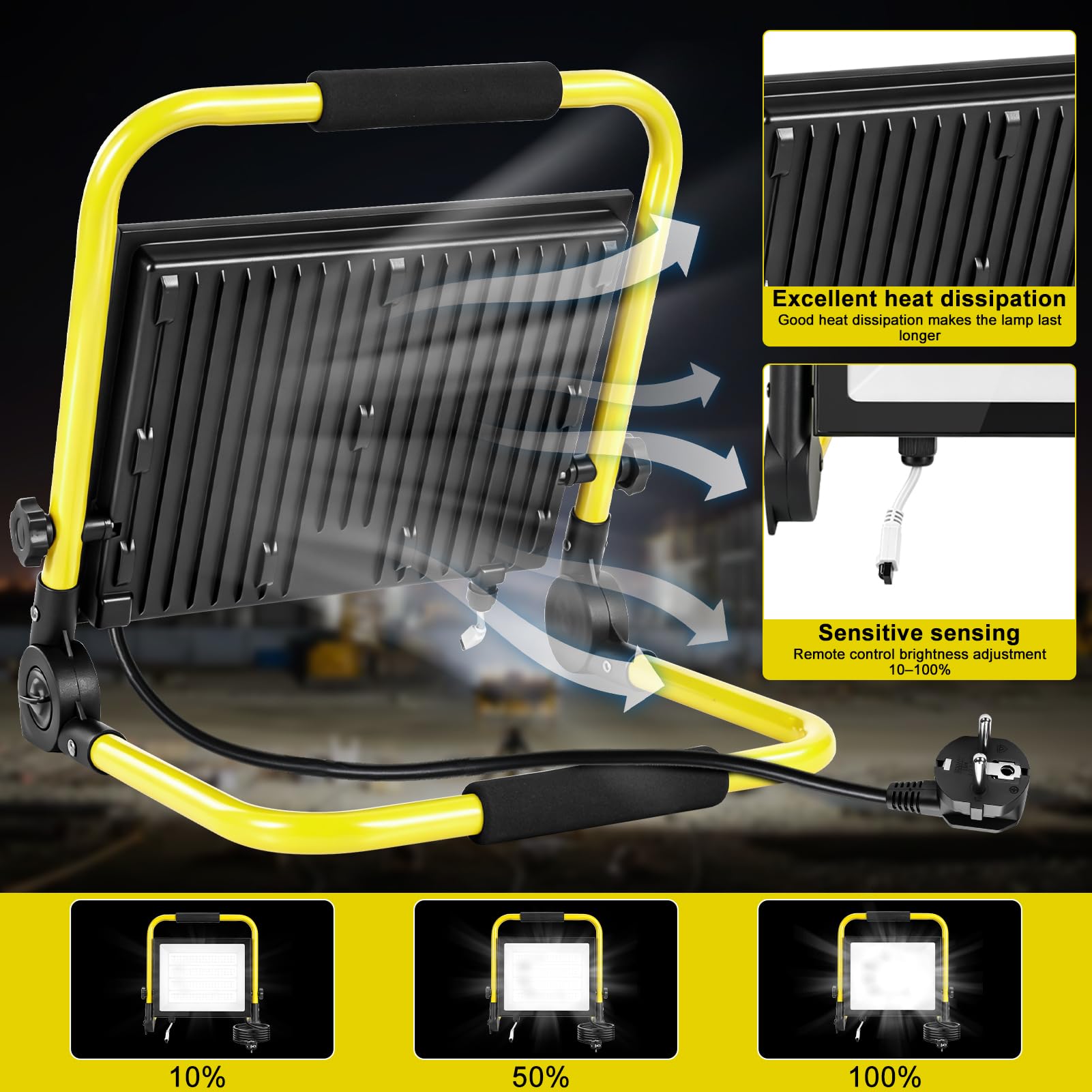 papasbox 200W LED Baustrahler mit Stecker Schalter Baustellenlampe 6500K Kaltweiß Baustellenstrahler | IP65 Wasserdicht Arbeitsleuchte mit Fernbedienung Baulampe für Werkstatt Baustelle
