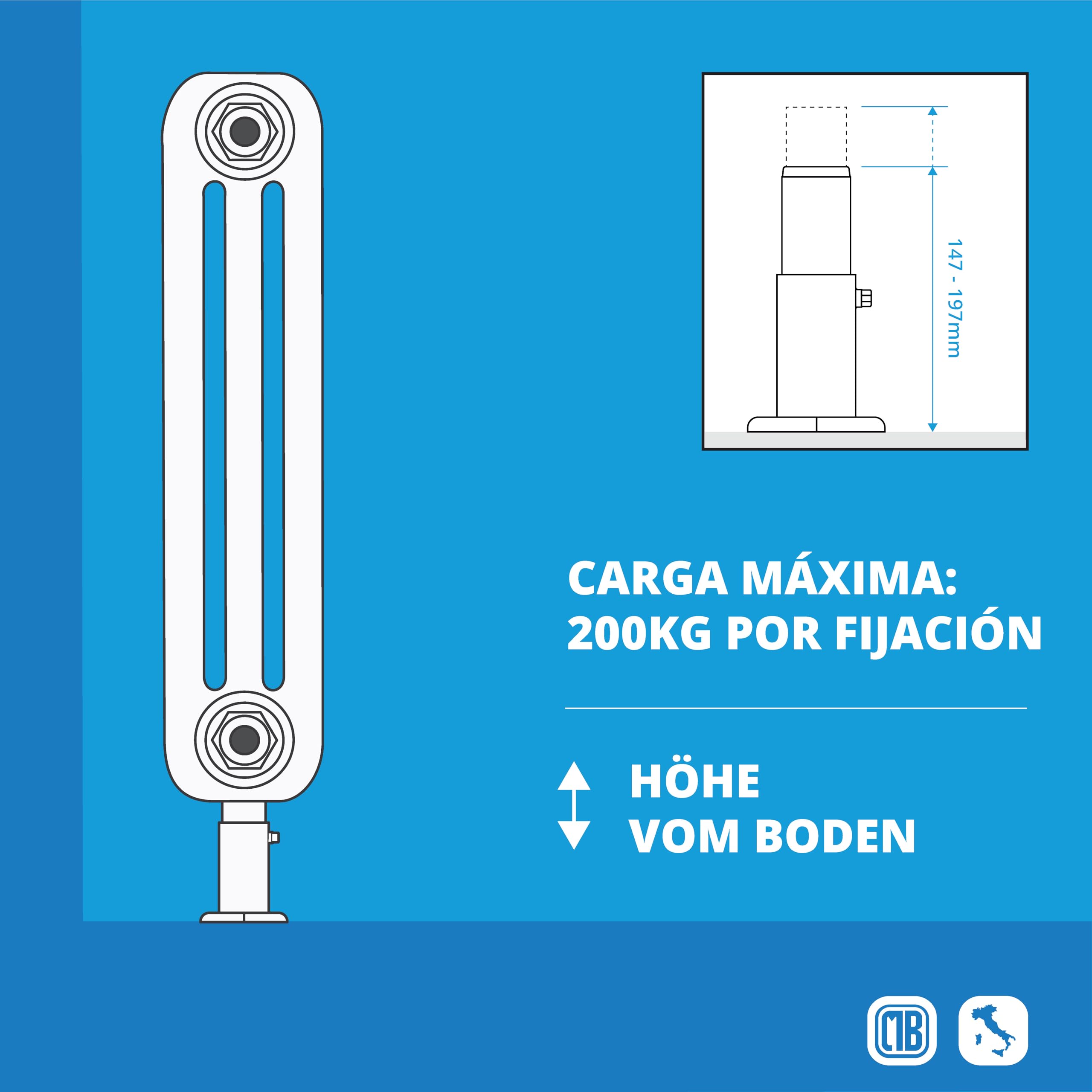 MB Pie ajustable sin perforaciones para radiadores tubulares - Capacidad de carga 200 kg, Montaje DIY, Antideslizante, Diseño compacto, Fácil de limpiar, Reversible - 1 pieza.