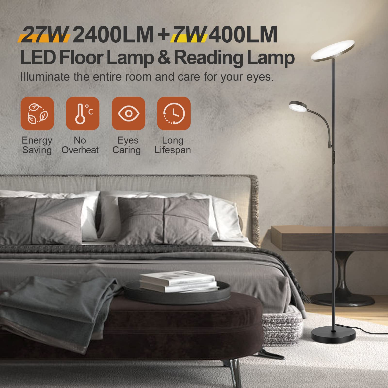 OUTON Lámpara de Pie LED, 34W, Regulable, con 6 Modos,3000-6000K con Control Remoto y Táctil y Temporizador de 1 Hora, de Salón de Lectura para Dormitorio, Oficina, Negro