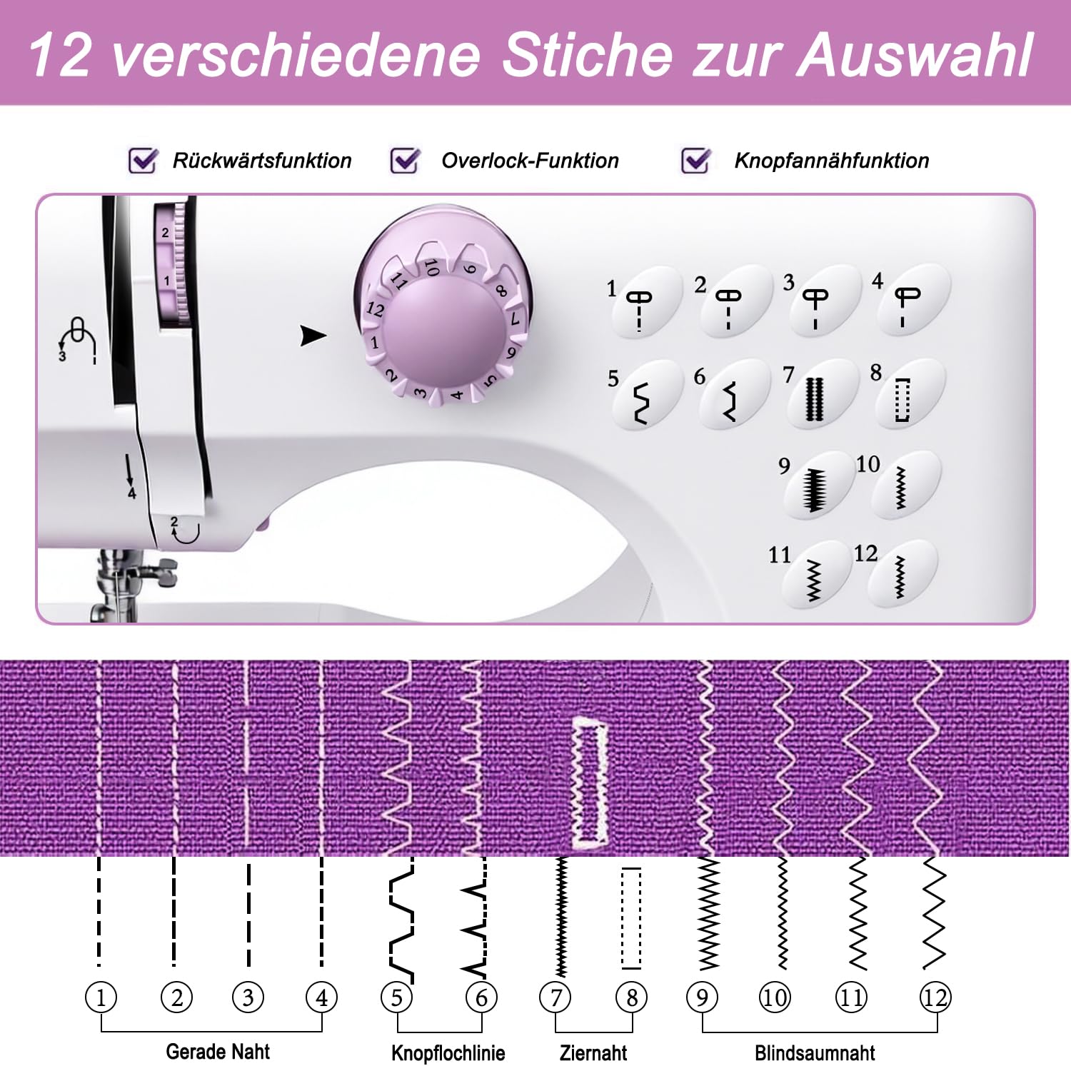 Nähmaschine Anfänger mit 12 Stichmustern Nähzubehör-Set Nähmaschine Elektrisch mit 42 Teilen Zubehör, Leicht Tragbar für DIY & Handarbeit - für Kinder & Erwachsene (Lila/Weiß)