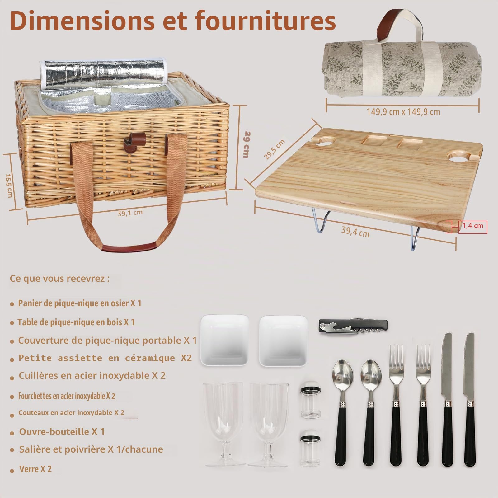 Hap Tim Wicker Panier Pique - Nique Double avec Mini Table de Pique - Nique à vin Pliante et Grand Sac réfrigéré isolé, Service de Vaisselle Double, Cadeau pour Couple(y2307-2 - cm)