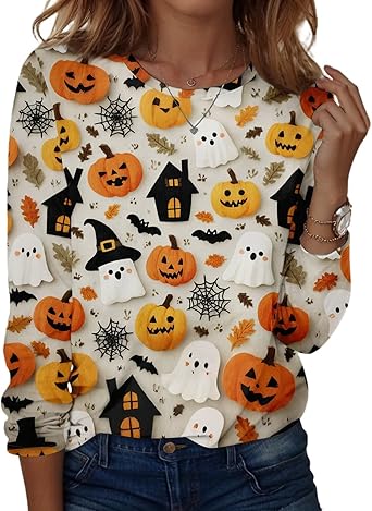 Halloween Shirts for Women Long Sleeve Plus Size Fashion Crewneck Comfortable Tshirts Halloween Costumes for Women