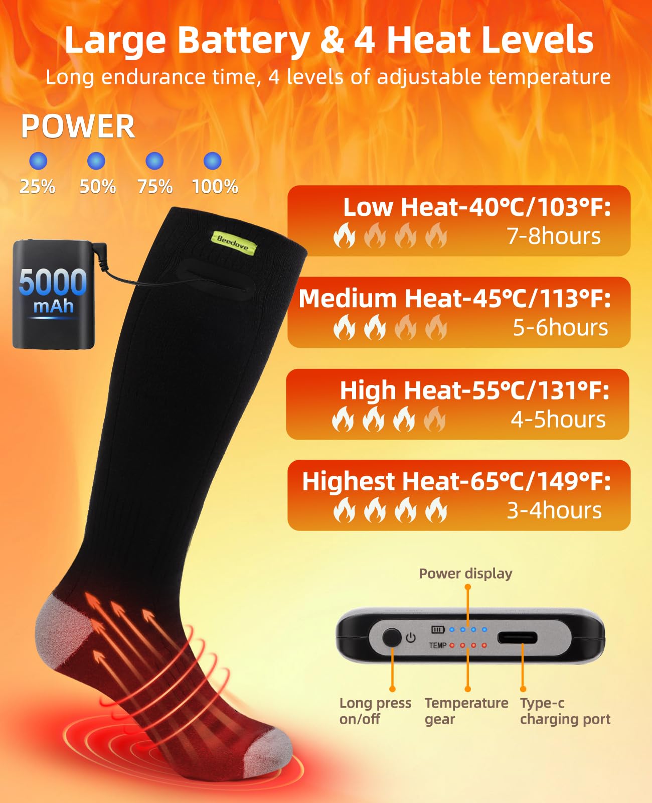 Podgrzewane skarpety, ogrzewane skarpety z akumulatorem 5000 mAh, dla kobiet i mężczyzn, ogrzewacze stóp do 65°C, do użytku na zewnątrz, na zimę, kemping, polowanie, narty