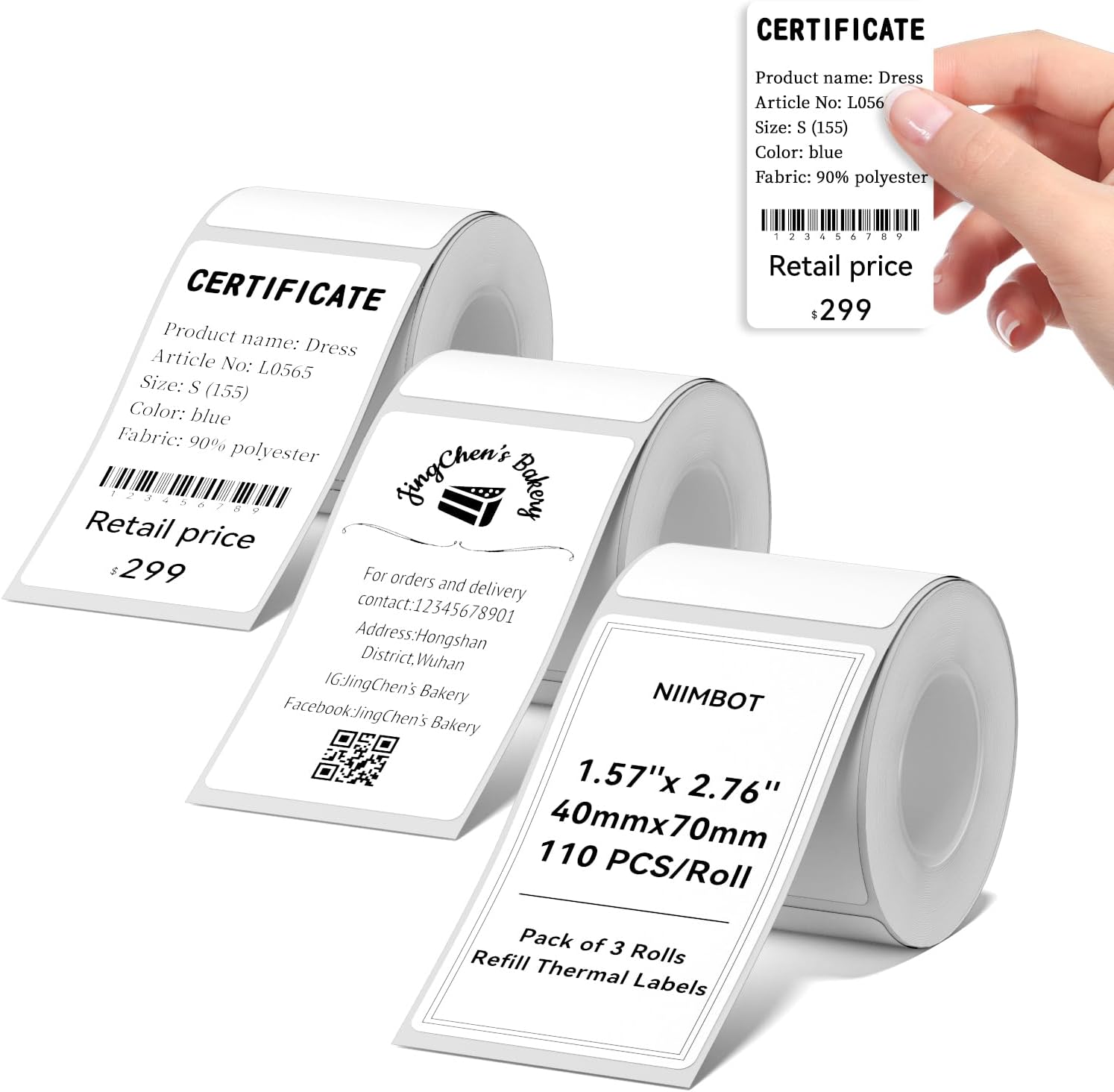 NIIMBOT 3 Rolls White Labels for B1 B21 B3S K3 Label Maker, 1.57'' x 2.76'' (40x70mm) Printer Labels, Food Labels for Jars, Personalized Editable Labels for Home/School/Office