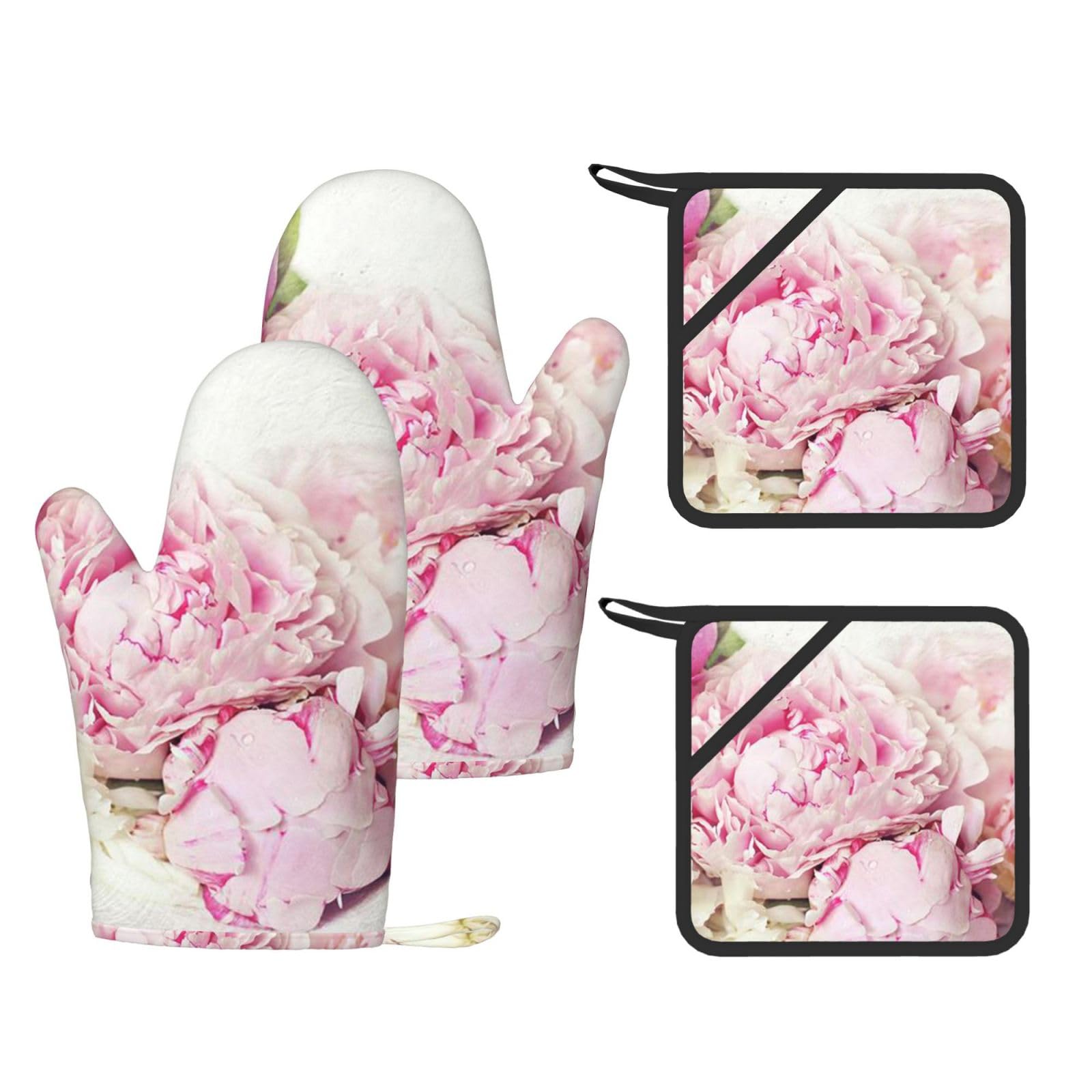 Pivoines sur Fond Blanc,Gants de Cuisine et maniques (Lot de 4), antidérapants Gants de Four résistants à la Chaleur