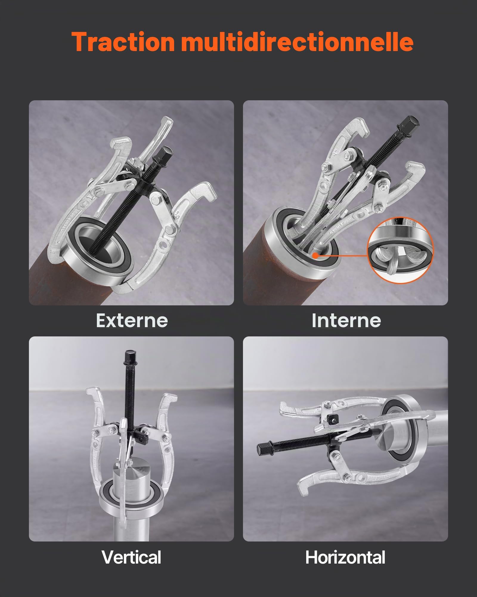 VEVOR Ensemble d'Extracteurs d'Engrenages de Poulie à 2/3 Mâchoires 4PCs, Arrache Roulement 76,2/101,6/152,4/203,2 mm avec Mâchoires Réversibles, pour Retrait du Volant d'Inertie, Garage Atelier