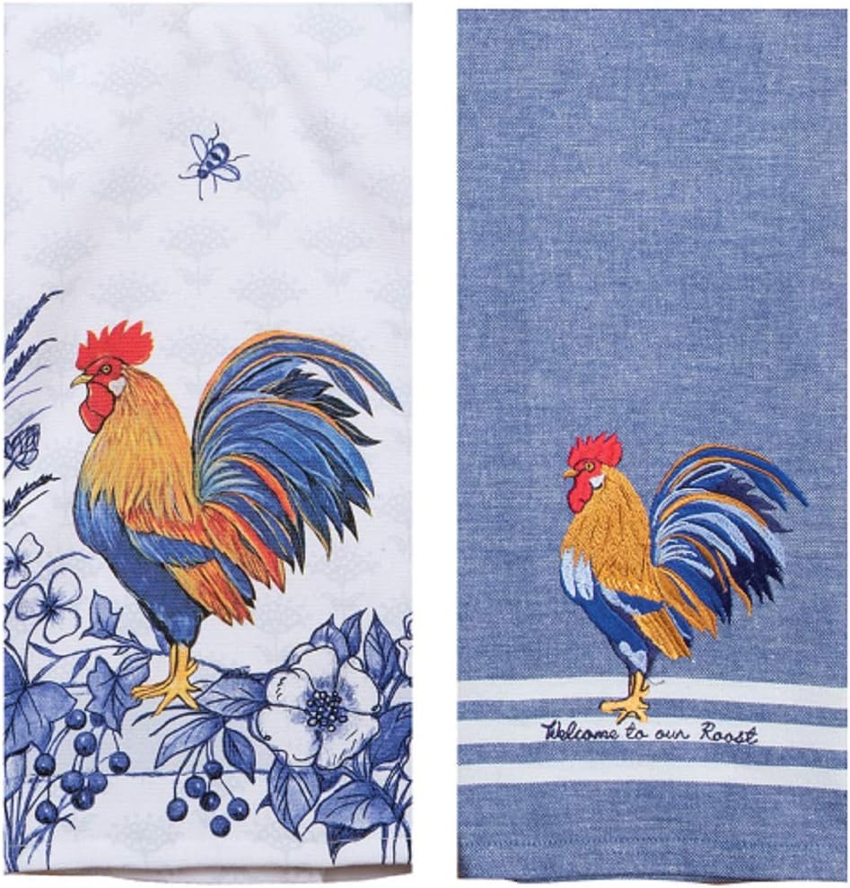 DHE 2 Piece Blue Rooster Kitchen Towel Bundle,Dual Purpose and Embroidered Tea Towel