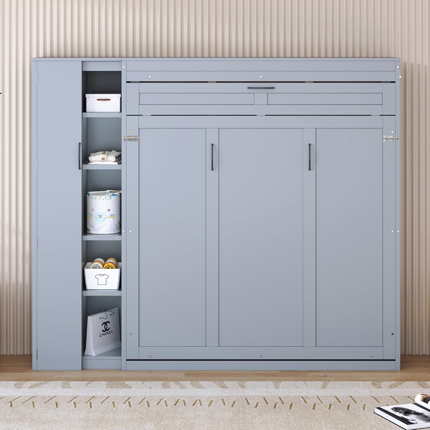 P PURLOVE Murphy Bed Queen, Wood Wall Bed with Shelves and LED Lights, No Box Spring Needed (Gray)