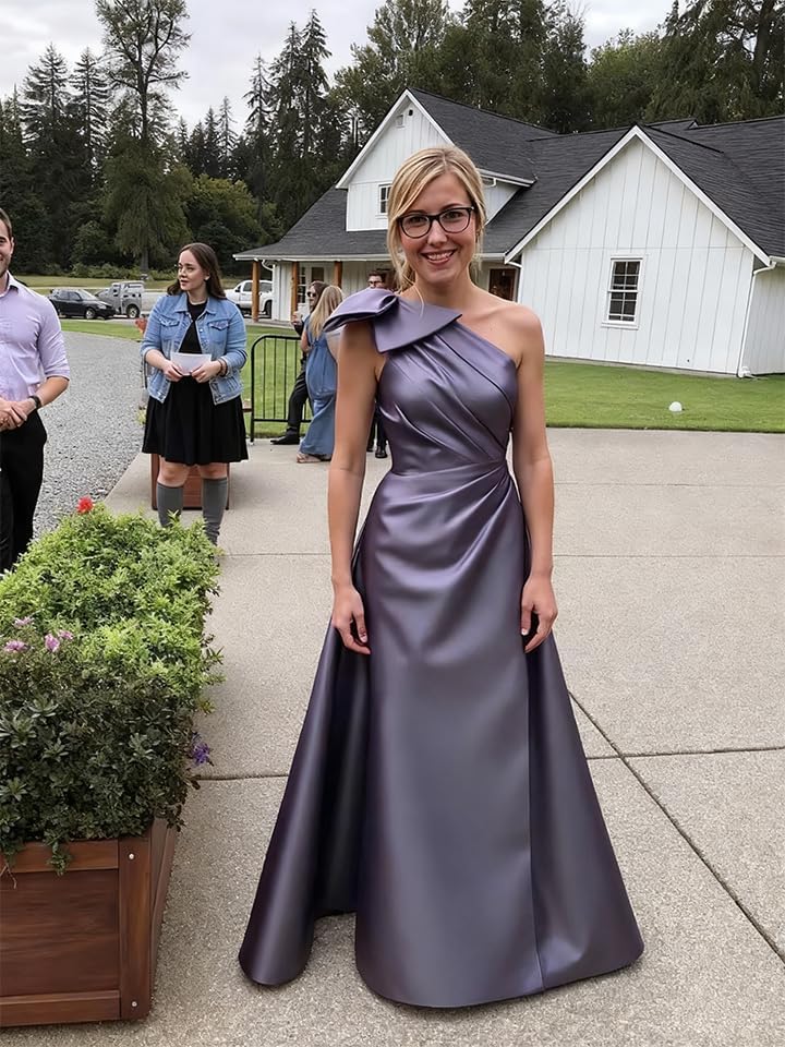 Satin Mother of The Bride Dresses with Pockets A Line Bow Formal Prom Gown Wedding Guest Dress - Image 8