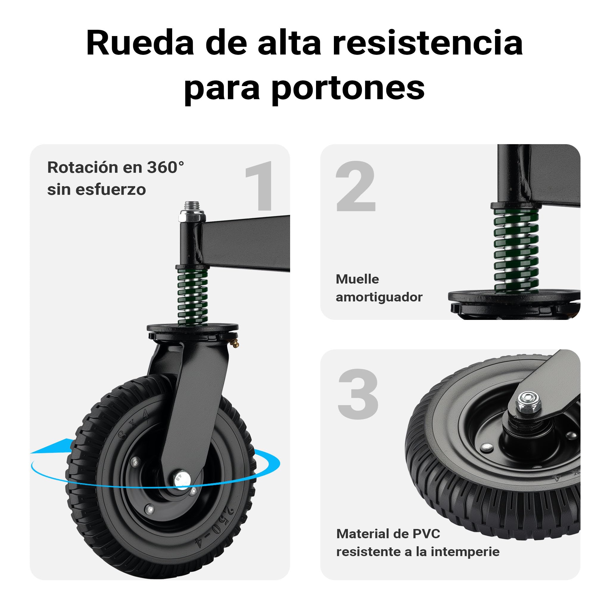 Wiltec Rueda de puerta con muelle 200 mm Soporta hasta 275 kg Rueda giratoria para portón con freno, resiste intemperie y terreno irregular, recubrimiento en polvo