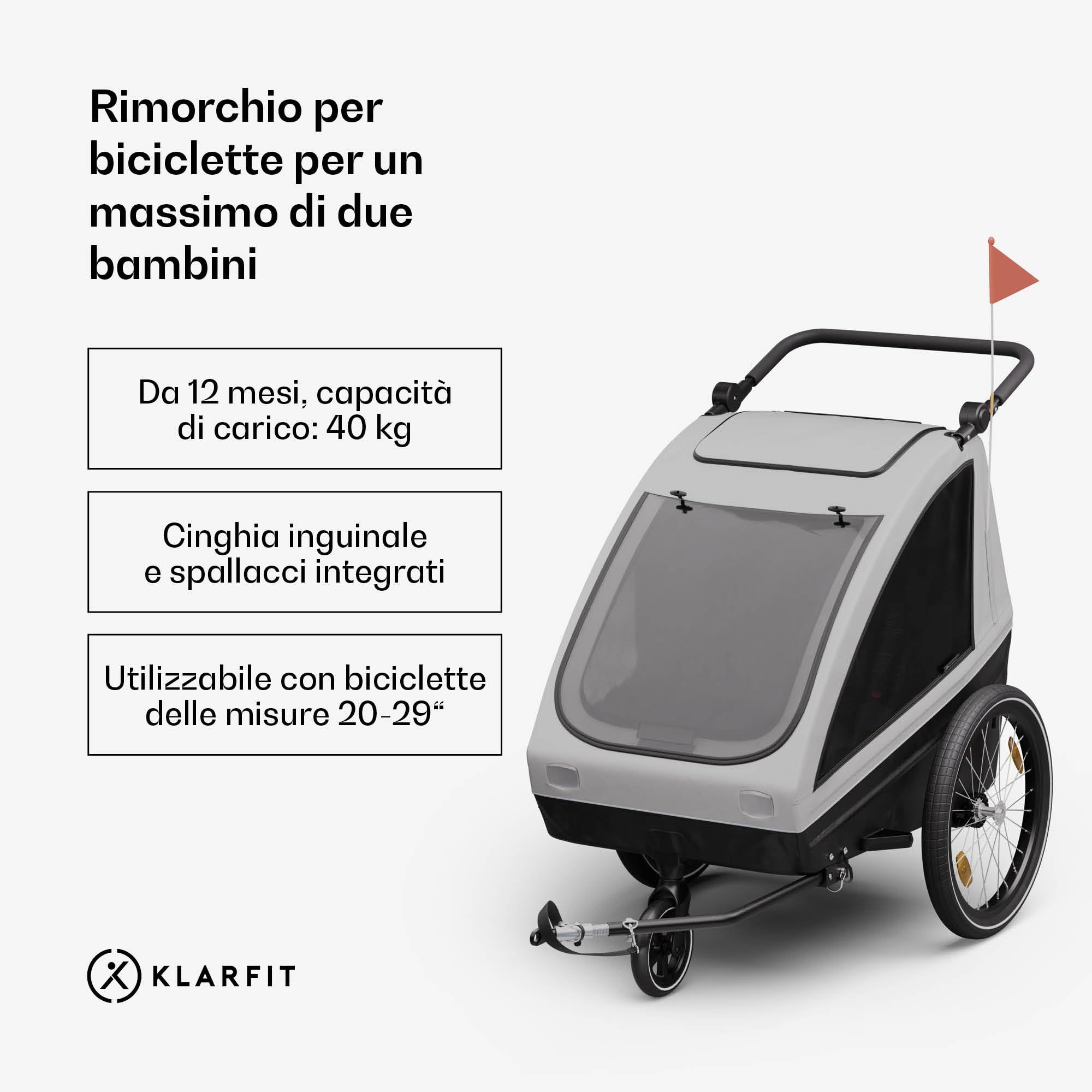 Klarfit GoKiddo Rimorchio per Bici 2in1 Carrello e Passeggino 40kg Pieghevole Grigio Chiaro