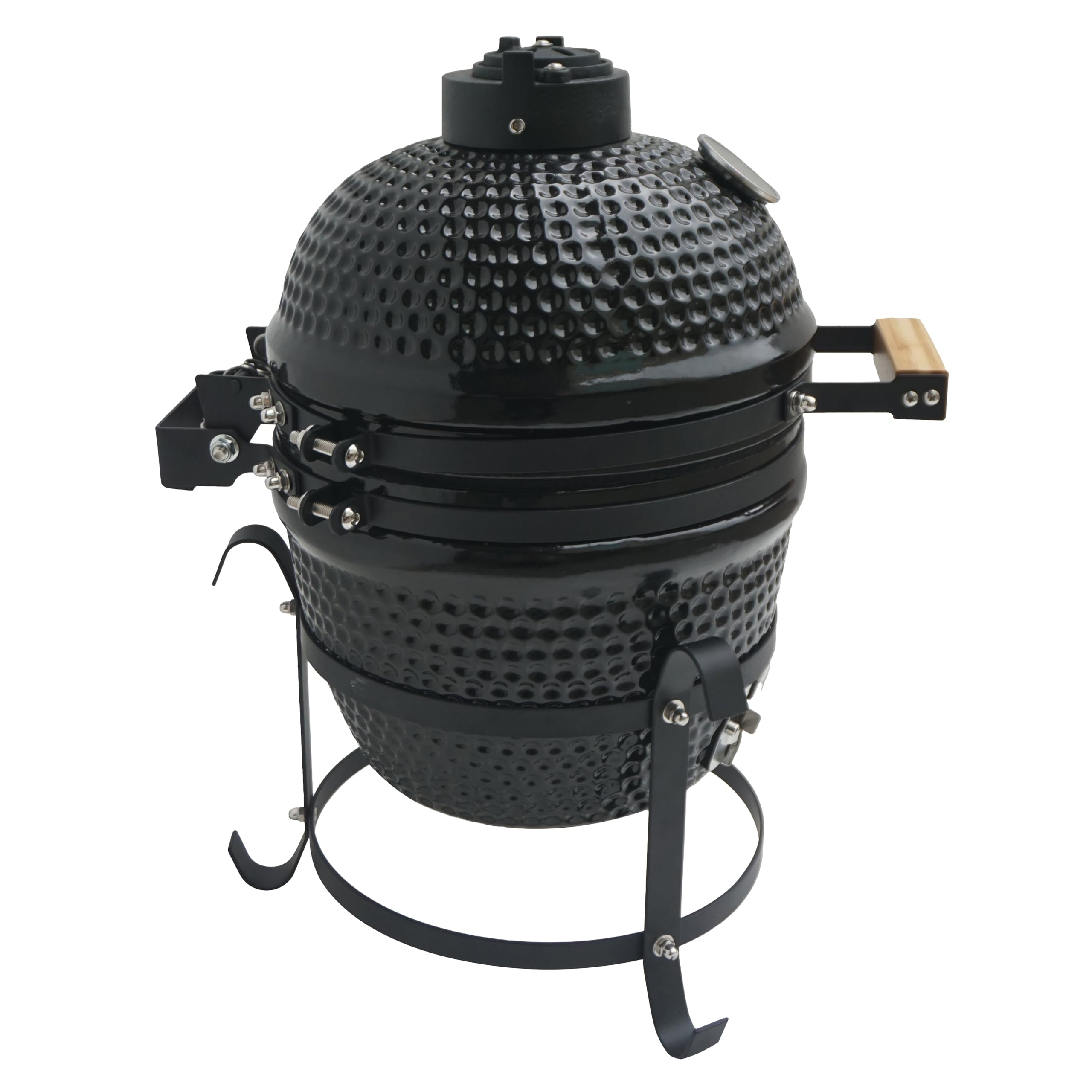 Parrilla Kamado Cerámica 33 cm (13”) Negra con Termómetro – Barbacoa de Carbón Compacta con Control de Temperatura, Acero Inoxidable, Incluye Funda y Utensilios