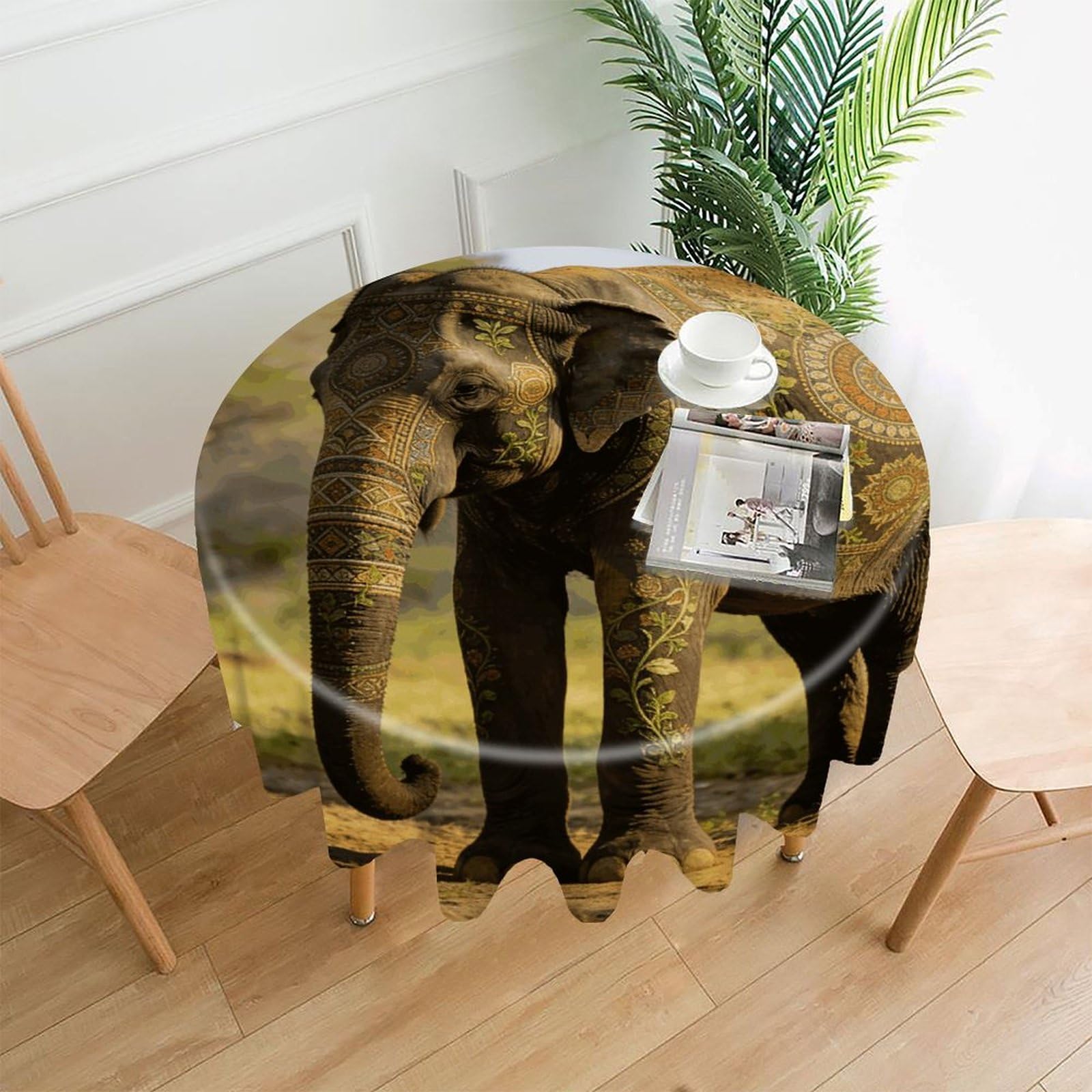 LZQPOEAS Decorative Patterned Elephant Tablecloth Easy to Clean Polyester Round Table Cover Washable Round Table Cloth Wrinkle-Free Circle Decoration Tablecloth for Kitchen and Dining Room 60"