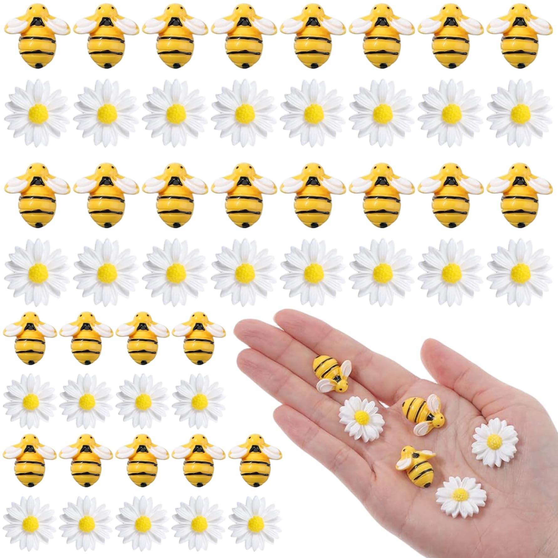 50Pcs Bee Cake Decorations, Mini Cute Resin Bees with Flowers, Daisy Cake Decorations for DIY Wreath, Cupcake Decor