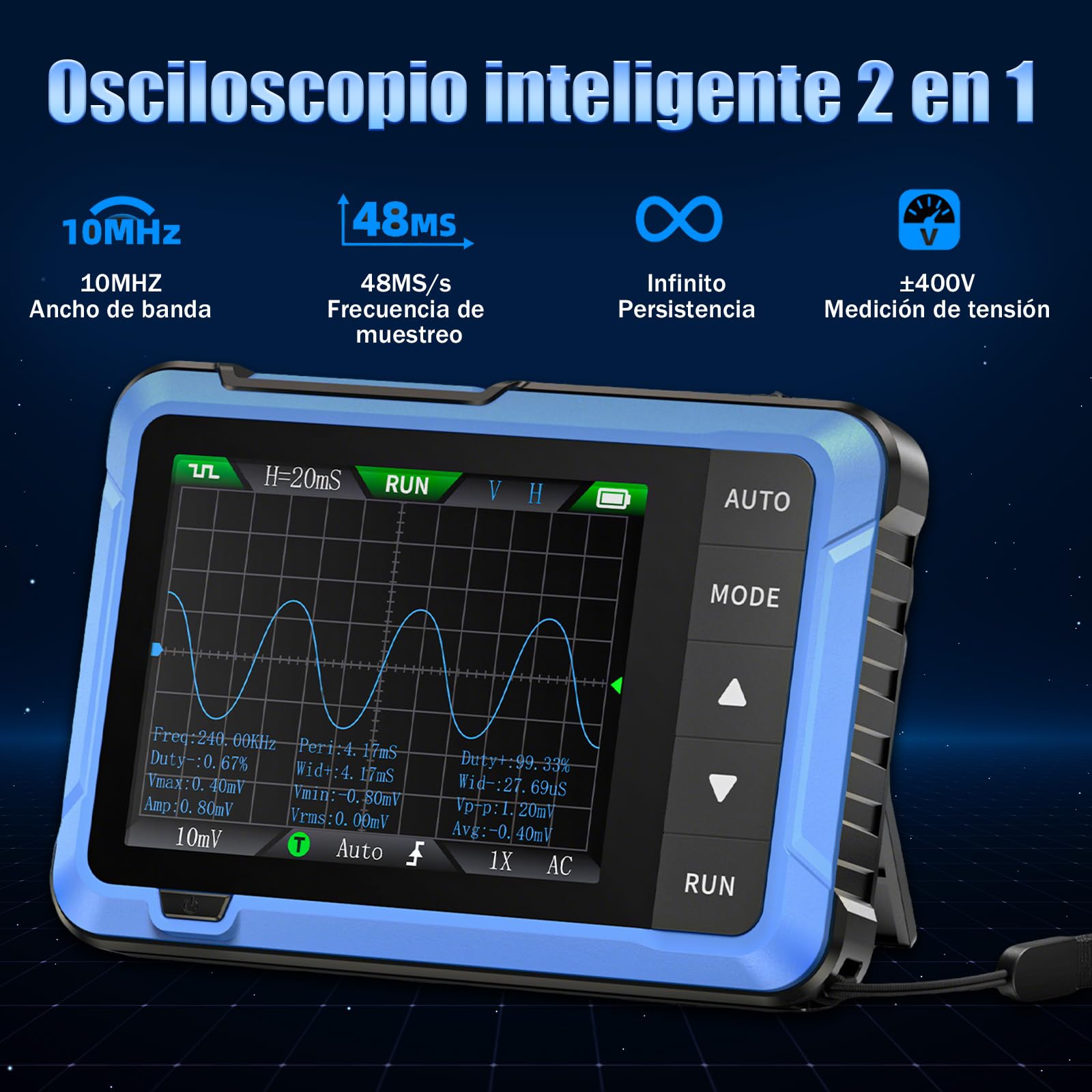 DSO-510 Osciloscopio Portátil 2 en 1 con Generador de Señales DDS, Mini Digital Osciloscopio, TFT de 2,8″, Anchura de Banda 10MHz, Frecuencia de Muestreo 48MSa/s, Disparo Auto/Normal/Único