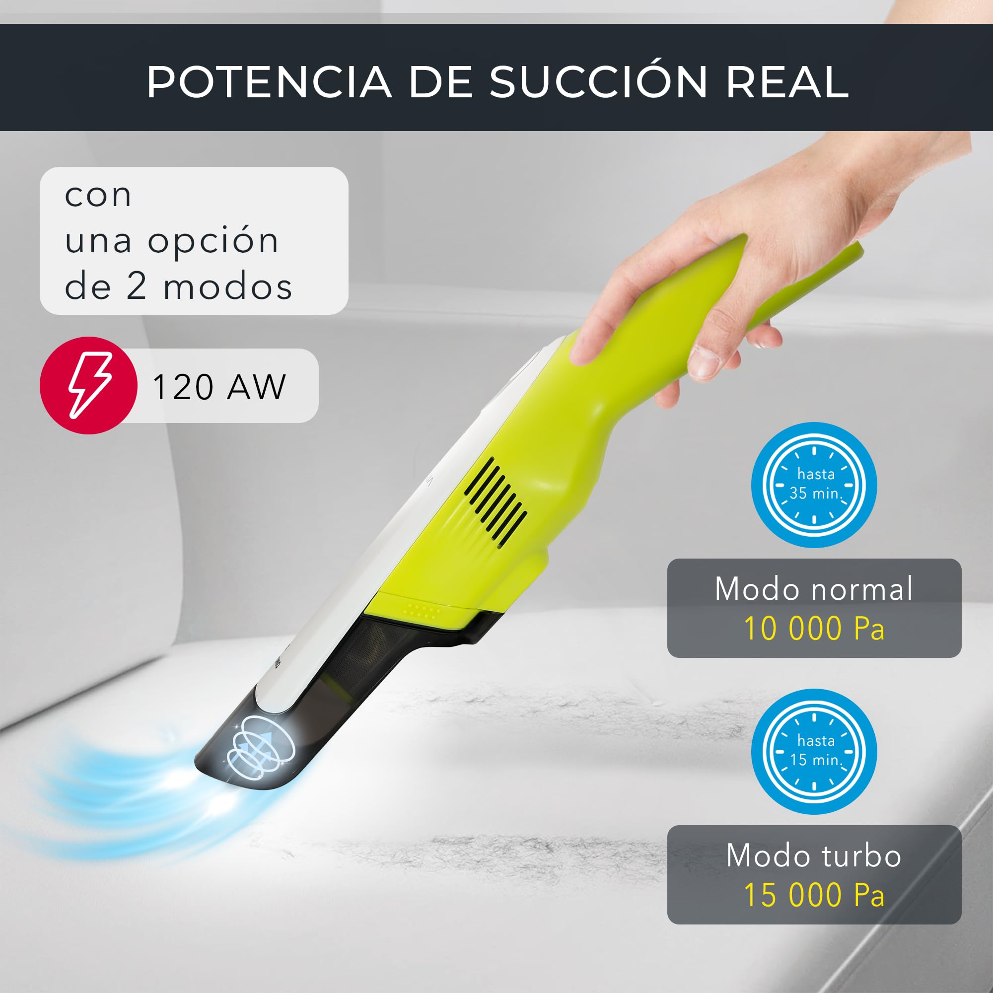 EFFEKTIV - Aspiradora de Mano 150X | Aspiradora Sin Cable Portátil con USB para Coche y Hogar | Motor Japonés sin Escobillas UltraPotente | Filtro HEPA | 35 Min Autonomía | 2600Mah | 15000Pa Succión