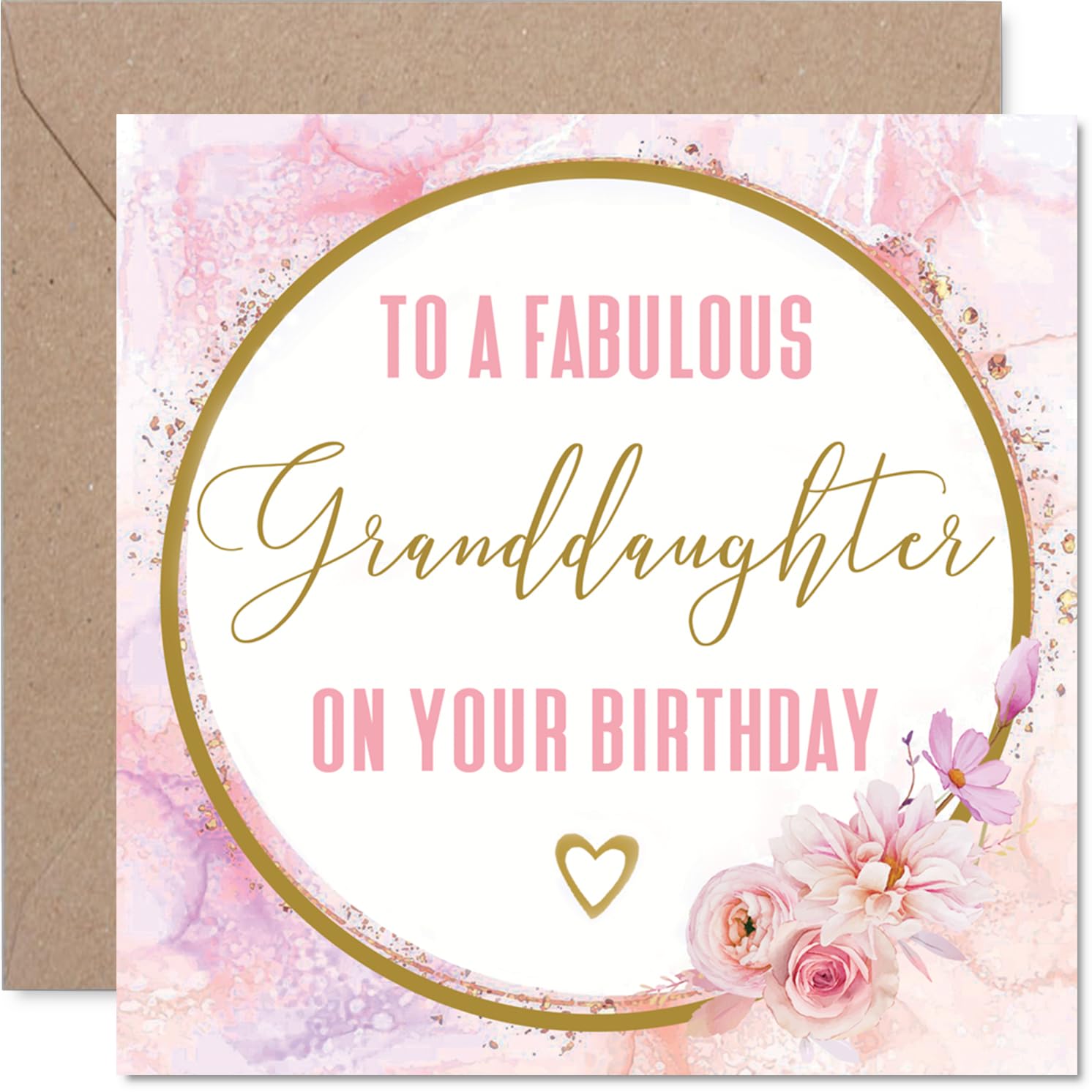 Heartfelt Birthday Card for Granddaughter - Celebrate Her Special Day - Elegant Pink and Gold Floral Design with Loving Message - 145mm Square, Envelope Included