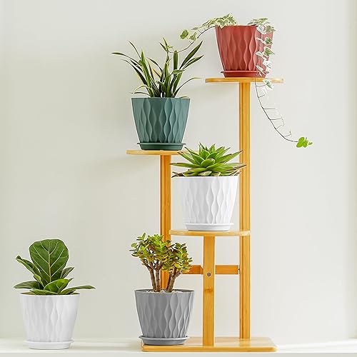 Miniatura 5 de FaithLand Paquete de 6 macetas de plástico de 6 pulgadas con platillos Material de polipropileno grueso, textura ondulada moderna, drenaje mejorado