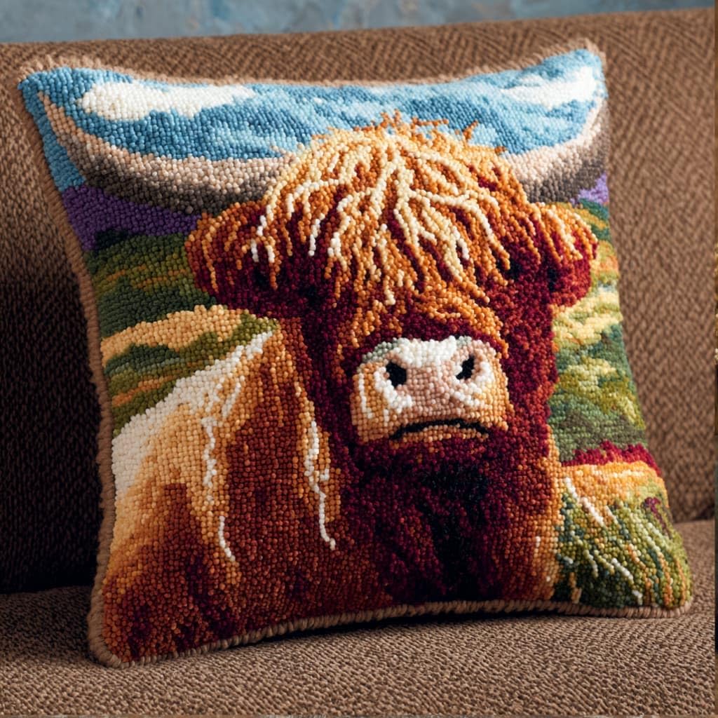 kitphoenix Latch Hook Kits for Adults Highland Cattle 43Cmx43Cm