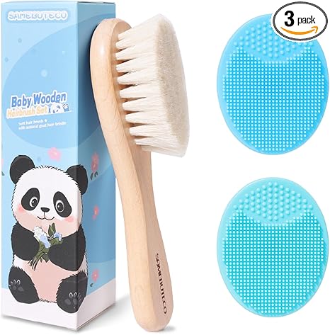 Baby Hair Brush and Cradle Cap Brush Set Goat Hair Bristles Brush 2 Pieces Silicone Cradle Cap Brushes Wood Handle Newborn Brush Kit for Newborns and Toddlers 3 Packs