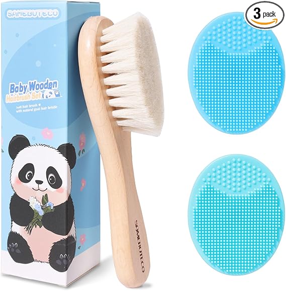 Baby Hair Brush and Cradle Cap Brush Set Goat Hair Bristles Brush 2 Pieces Silicone Cradle Cap Brushes Wood Handle Newborn Brush Kit for Newborns and Toddlers 3 Packs