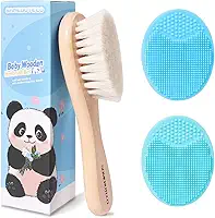 Conjunto de escova de cabelo de bebê e tampa de berço escova de cerdas de cabelo de cabra 2 peças escovas de silicone para berço kit de escova de madeira para recém-nascidos e crianças