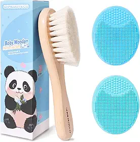 Conjunto de escova de cabelo de bebê e tampa de berço escova de cerdas de cabelo de cabra 2 peças escovas de silicone para berço kit de escova de madeira para recém-nascidos e crianças