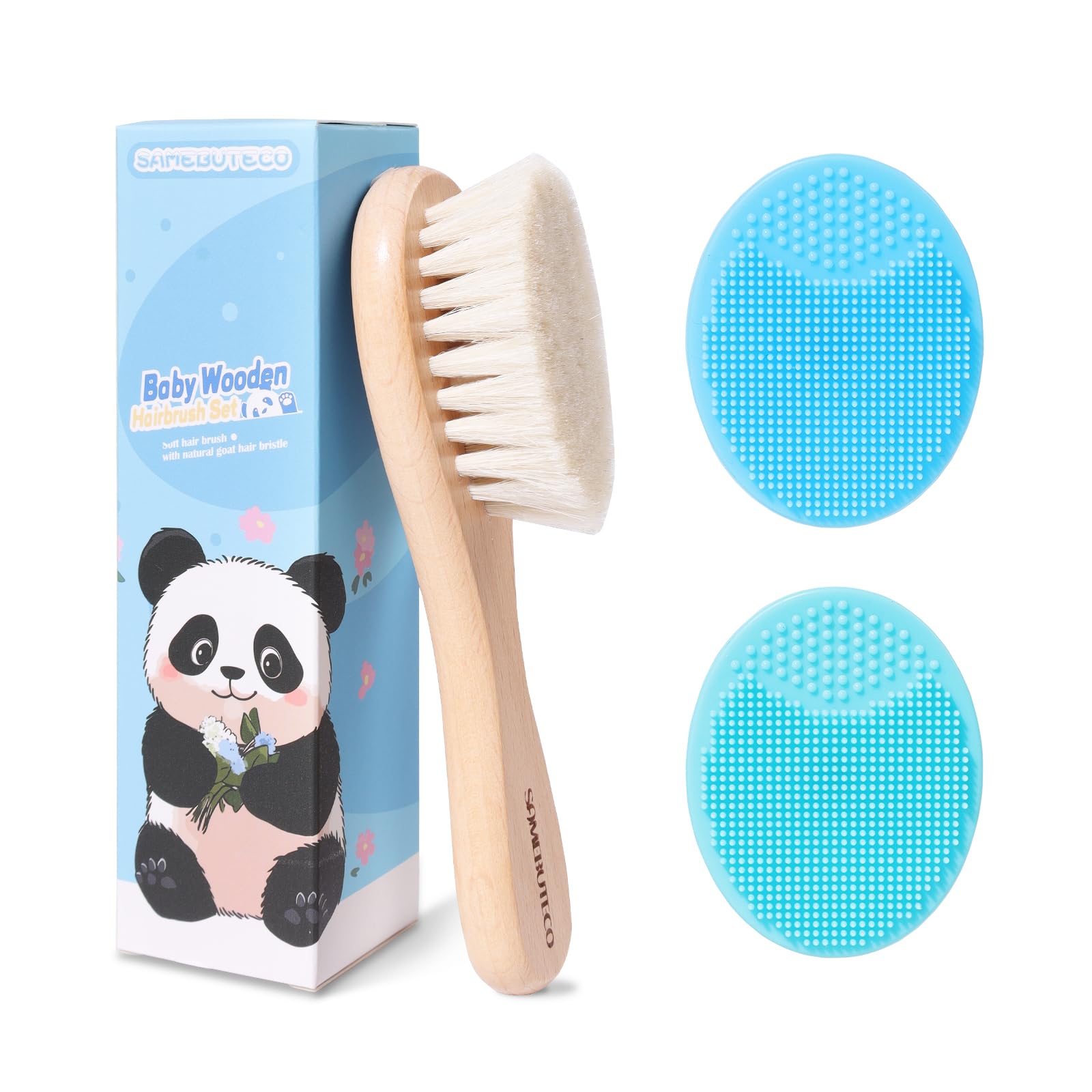 SAMEBUTECO - Juego de cepillos para el cabello de bebé y cepillos para costra láctea (2 unidades, cerdas de pelo de cabra, cepillos de silicona para costra láctea, mango de madera, kit de cepillos para recién nacidos y niños pequeños, 3 paquetes)