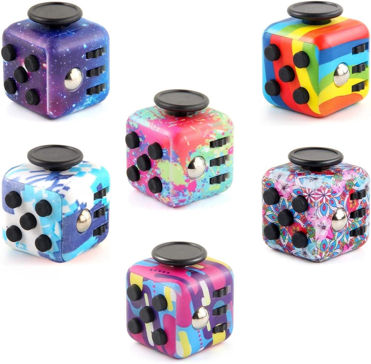 [6 Packs] Stress Cube Toy, 6 Sided Multi-Function Fidget Maigc Cube Anxiety Relief Toys, Hand-Held Audible Fidget Cubes for Adults ADD, ADHD, OCD