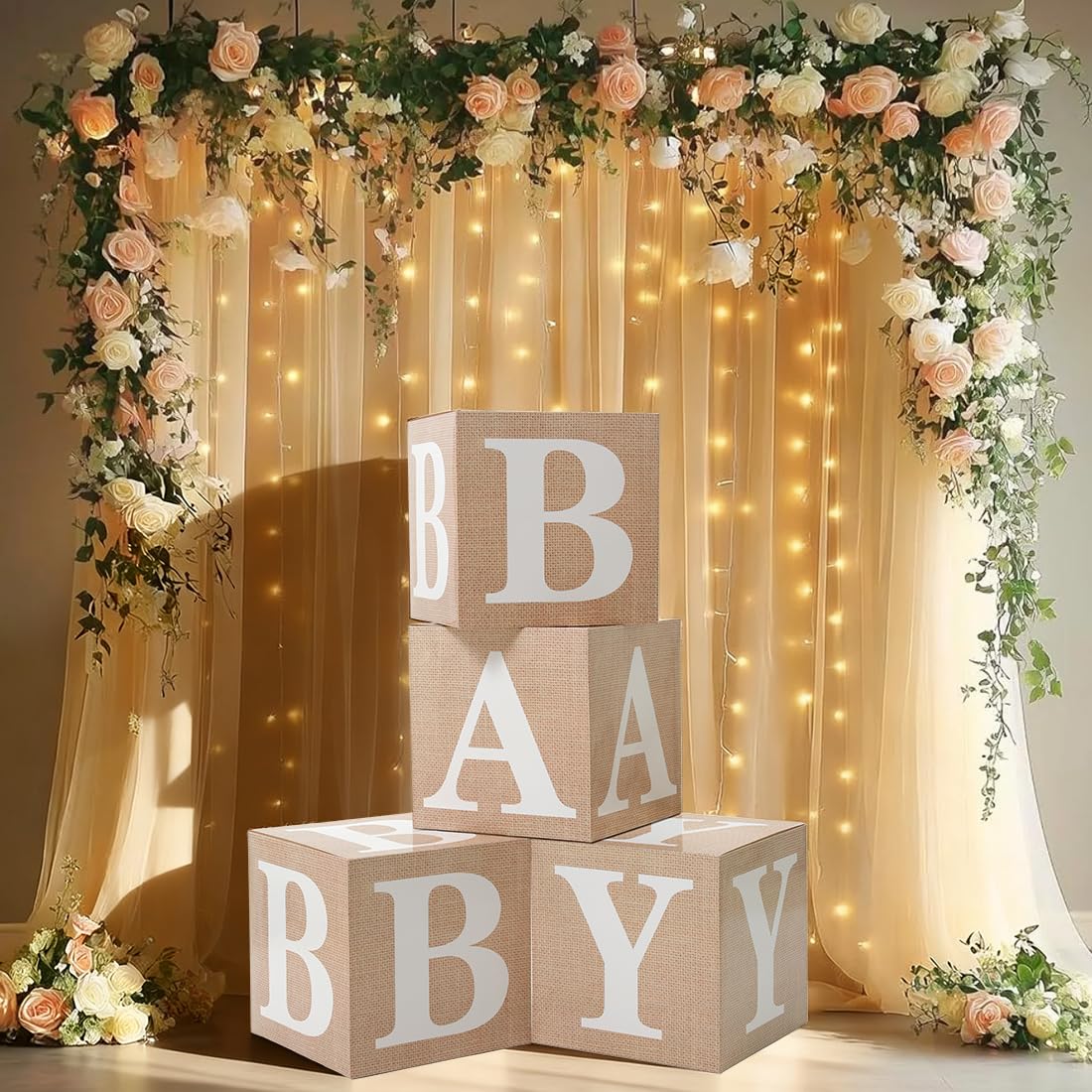 4pcs Baby Boxes with Letters for Baby Shower,Gender Reveal Party,with Burlap Grain,with Printed Letters